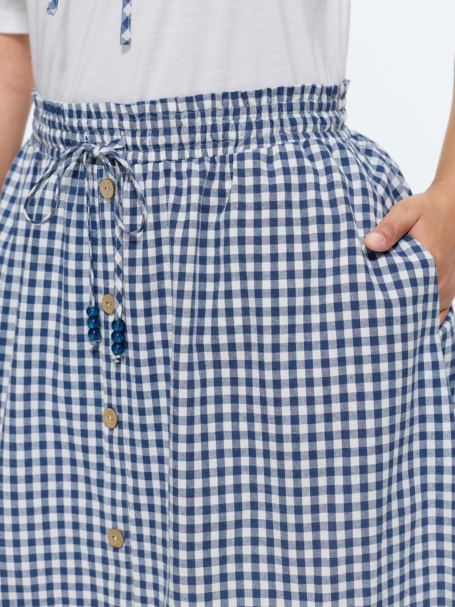 Cotton Checkered Print Shirred Drawstring Waist Maxi Skirt - Image 4