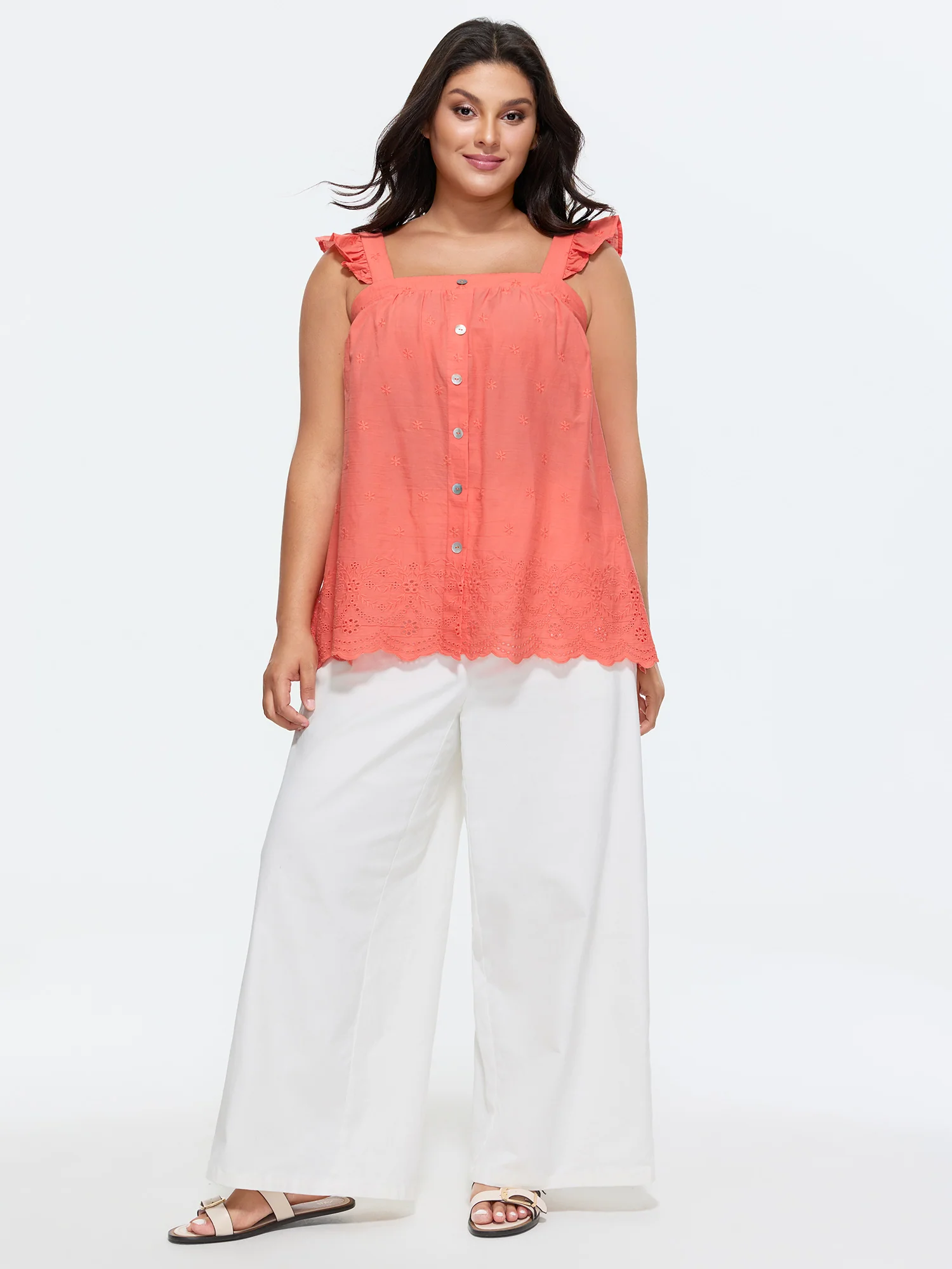 Cotton Embroidered Ruffled Strap Tank Top - Image 3