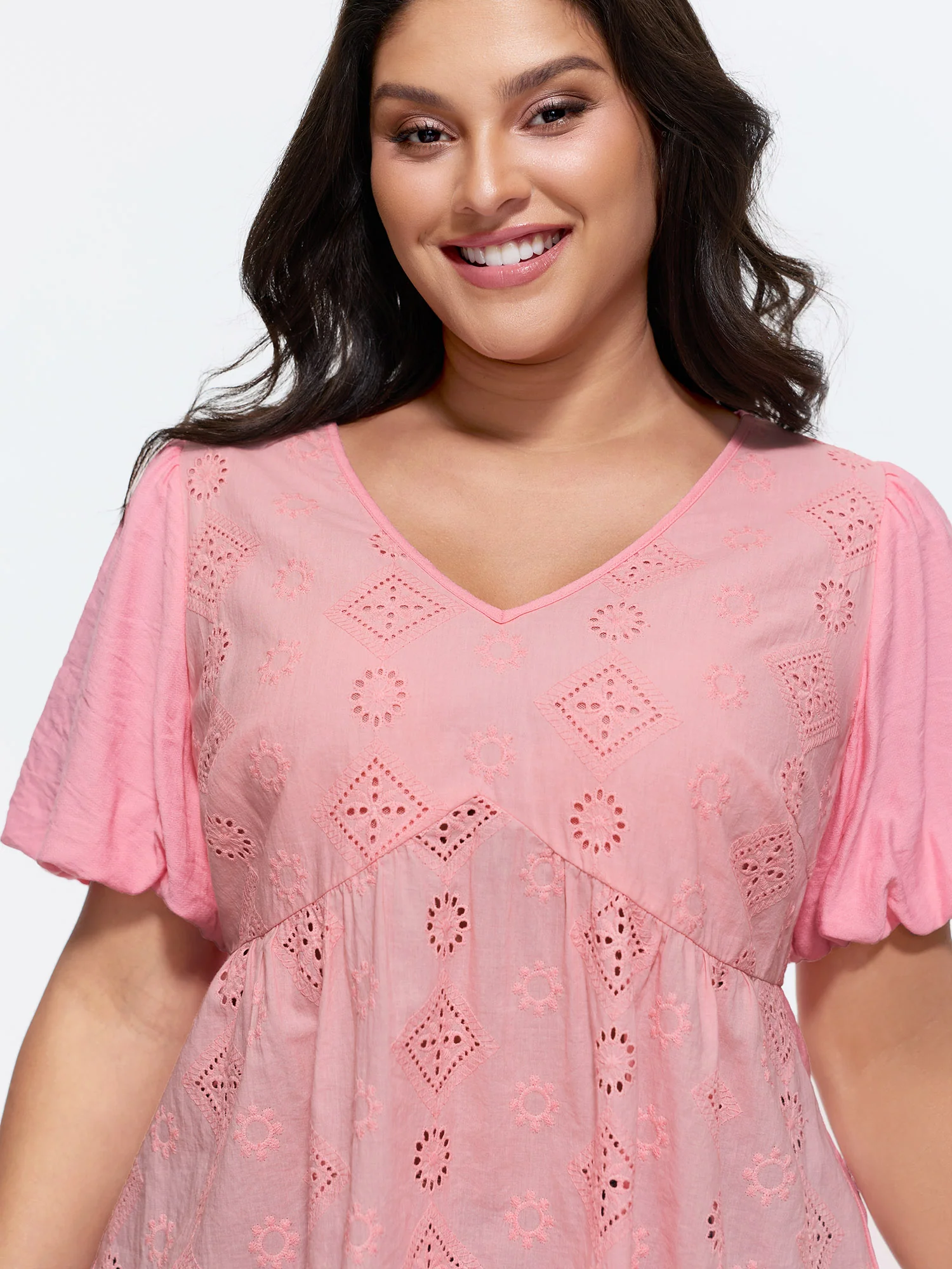Cotton Eyelet Embroidered V-Neck Bubble Sleeve Blouse - Image 2