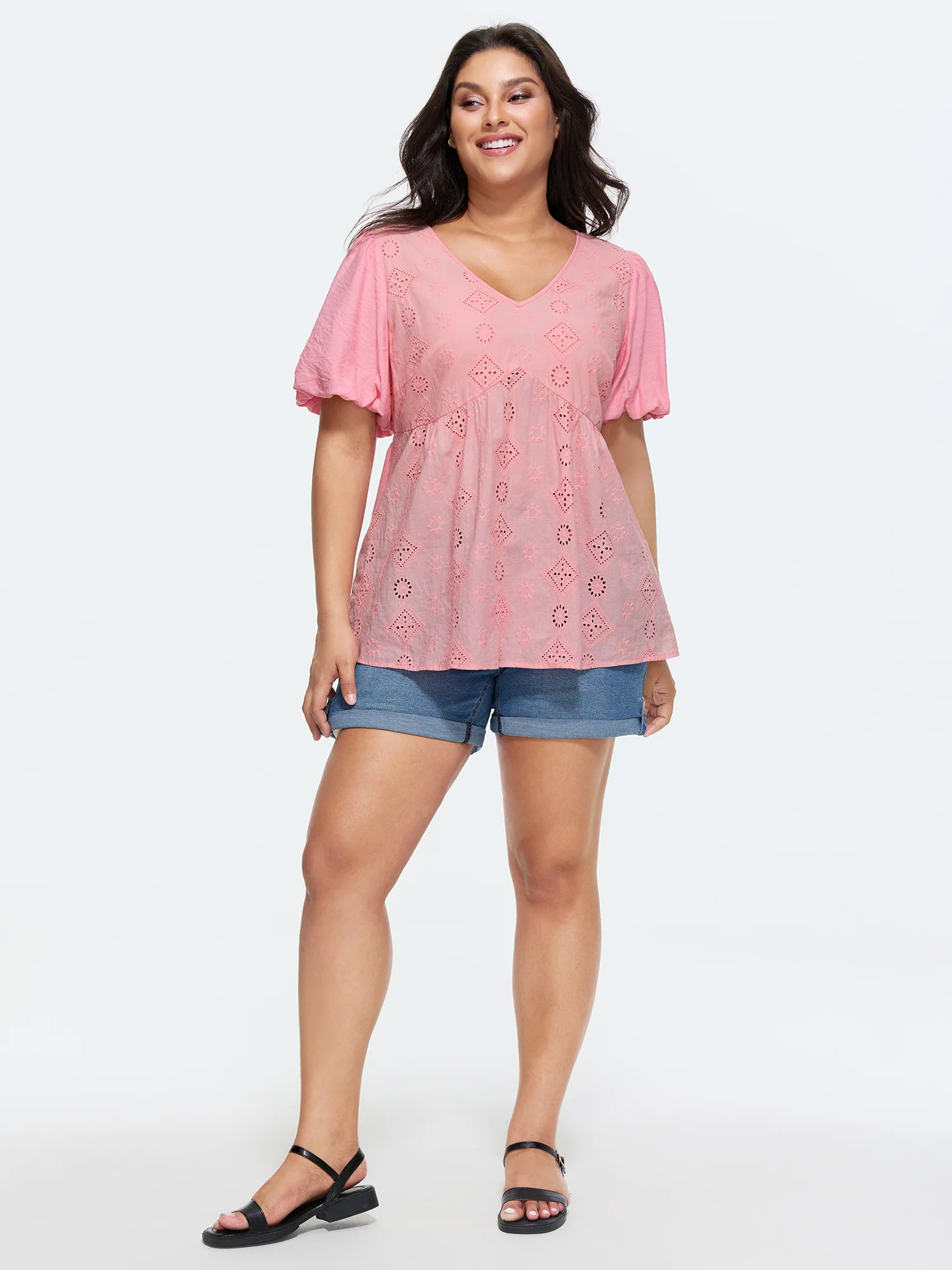Cotton Eyelet Embroidered V-Neck Bubble Sleeve Blouse - Image 3