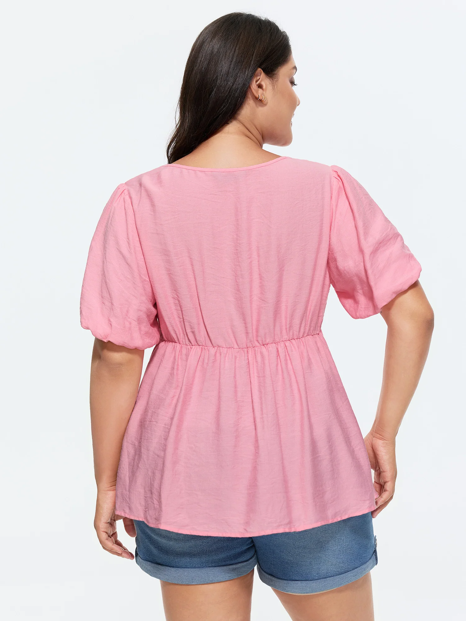 Cotton Eyelet Embroidered V-Neck Bubble Sleeve Blouse - Image 4