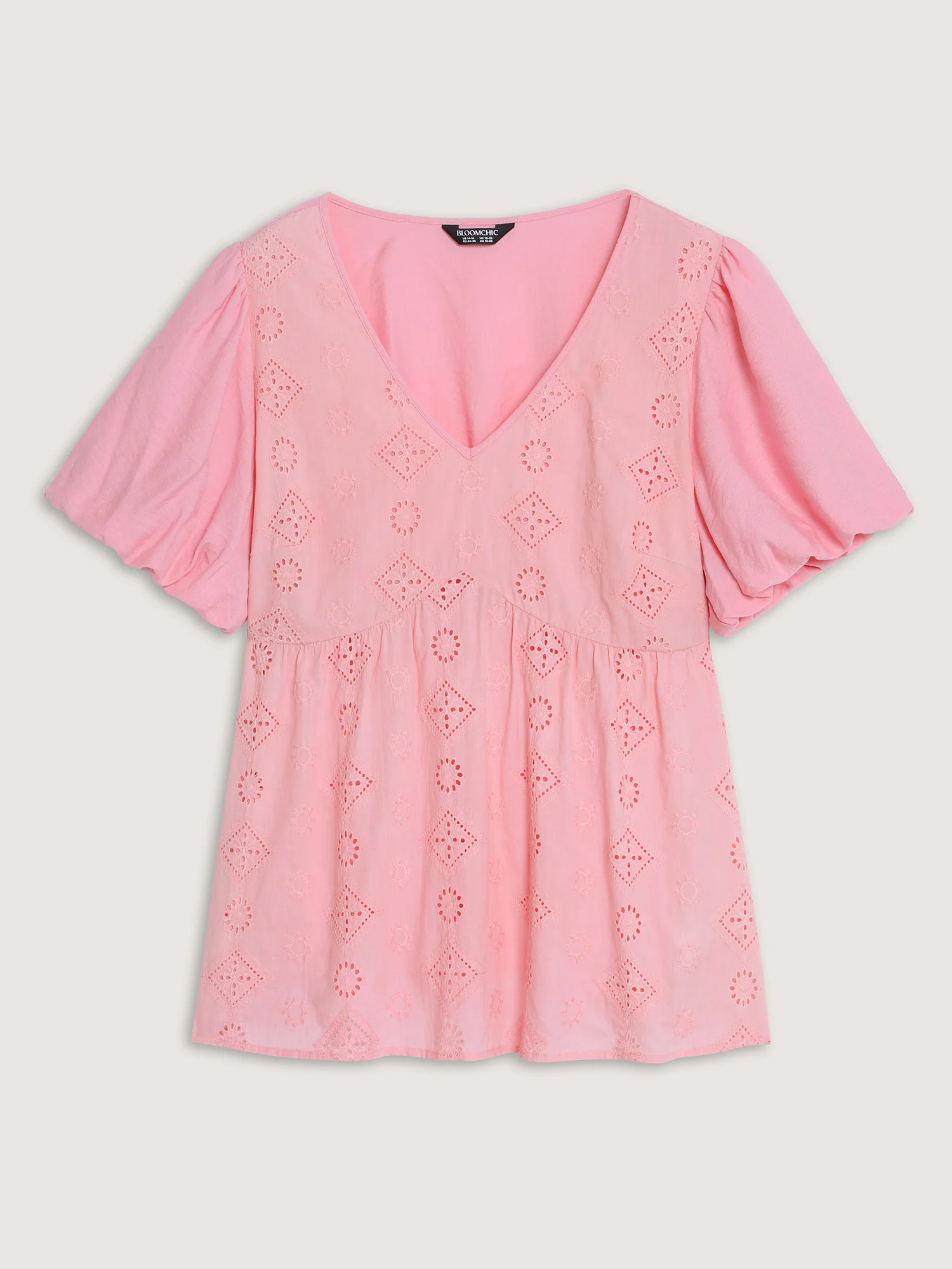 Cotton Eyelet Embroidered V-Neck Bubble Sleeve Blouse - Image 7