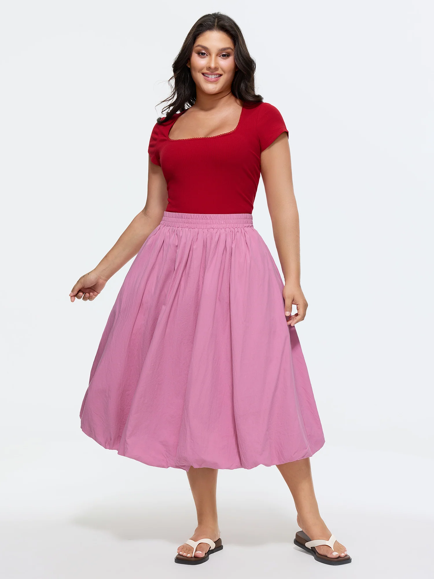 Cotton Pockets Bubble Hem Midi Skirt - Image 2