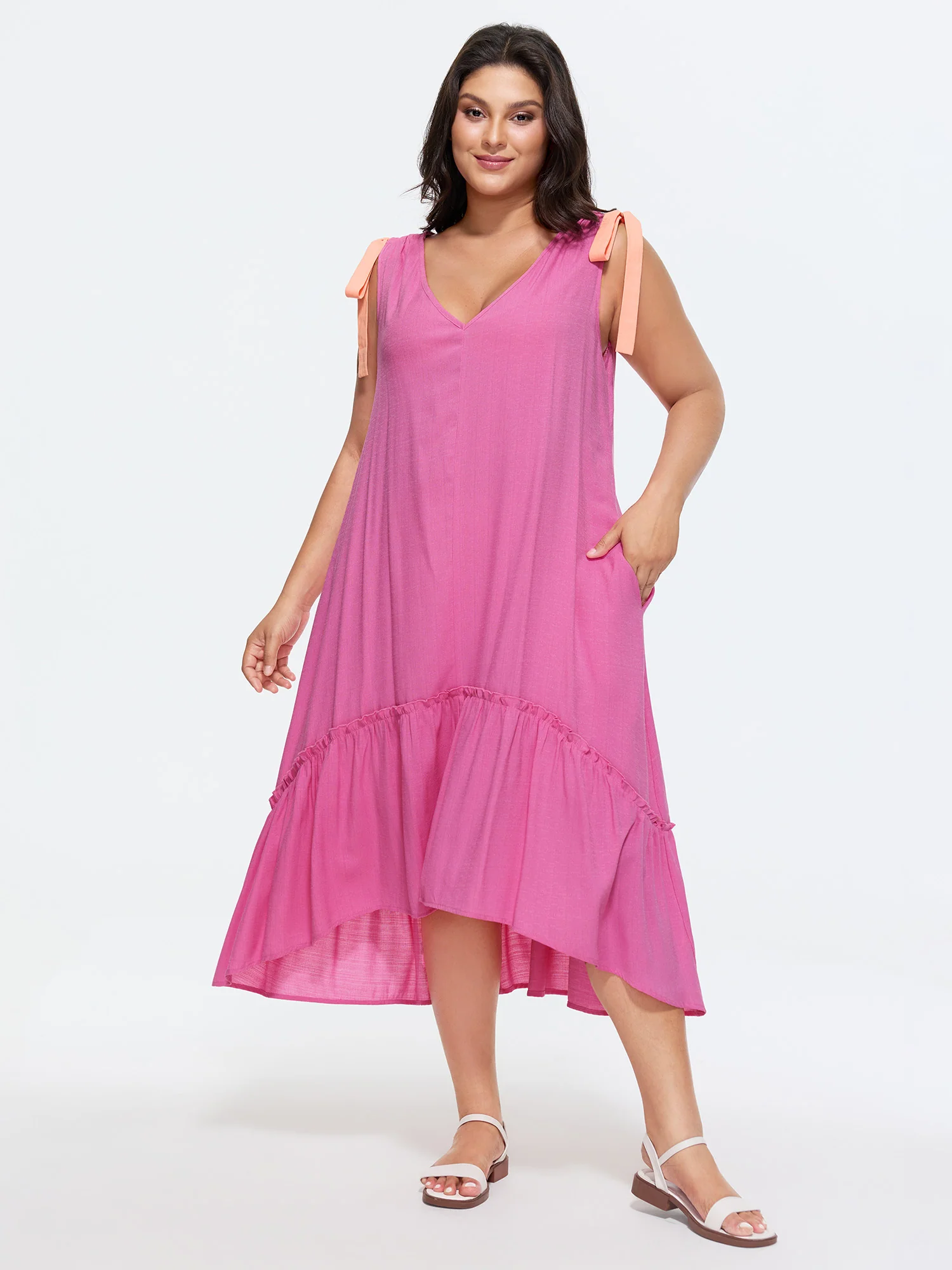 Cotton Ribbon Shoulder Tie V-Neck Flowy Midi Dress