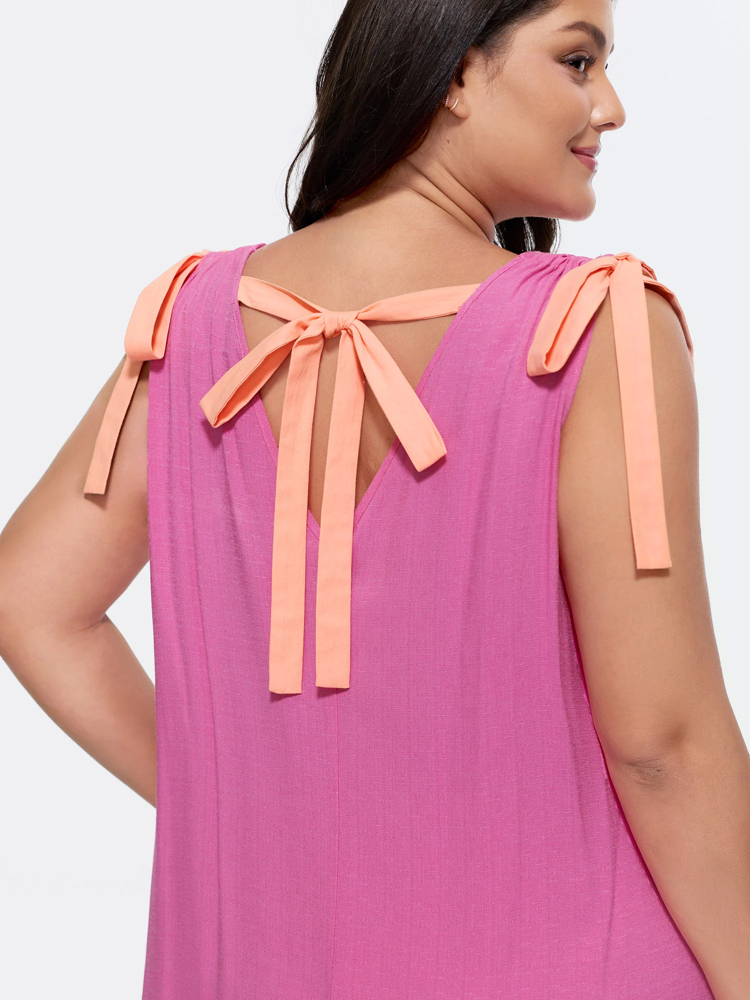Cotton Ribbon Shoulder Tie V-Neck Flowy Midi Dress - Image 2