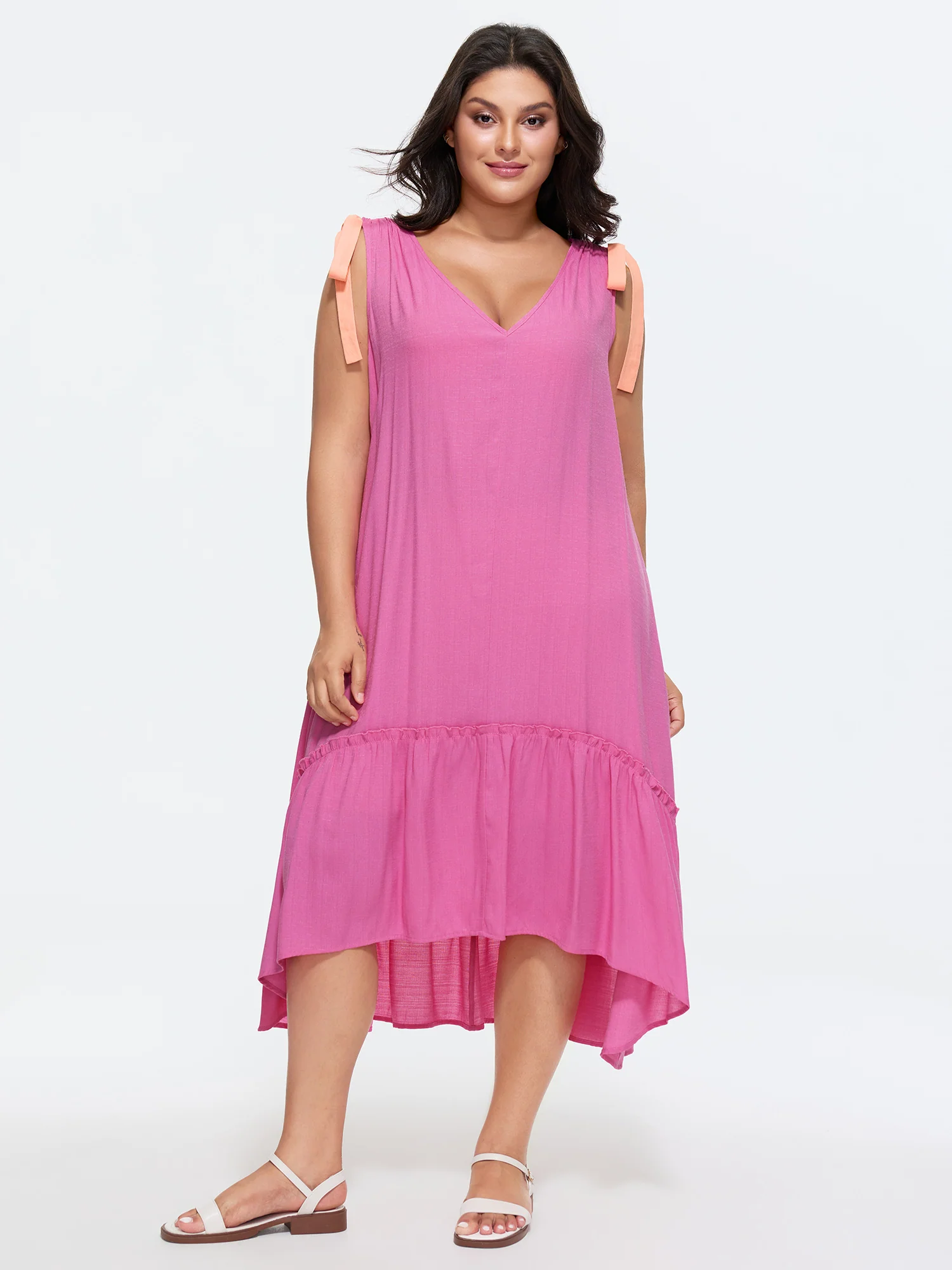 Cotton Ribbon Shoulder Tie V-Neck Flowy Midi Dress - Image 4