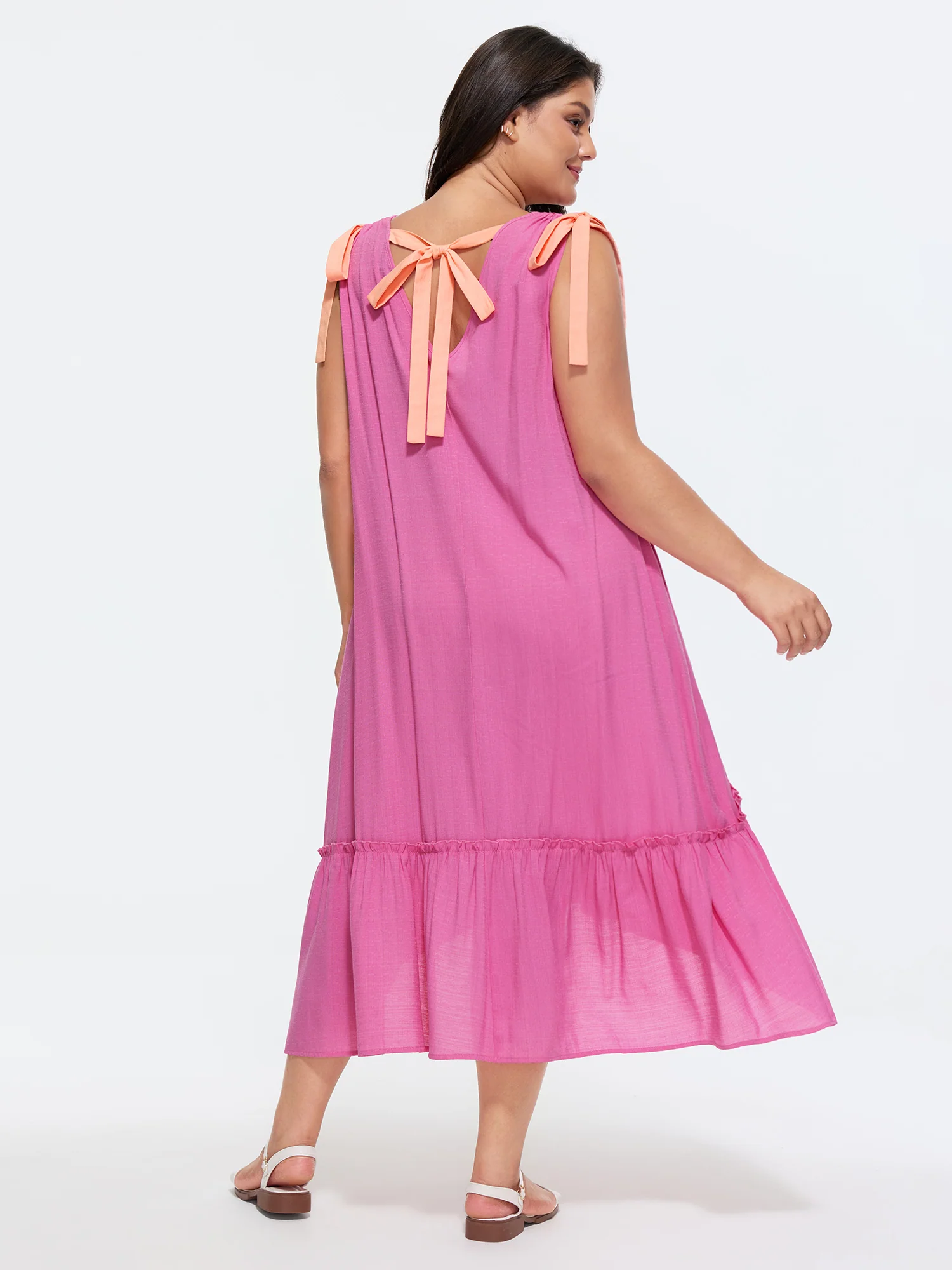 Cotton Ribbon Shoulder Tie V-Neck Flowy Midi Dress - Image 5