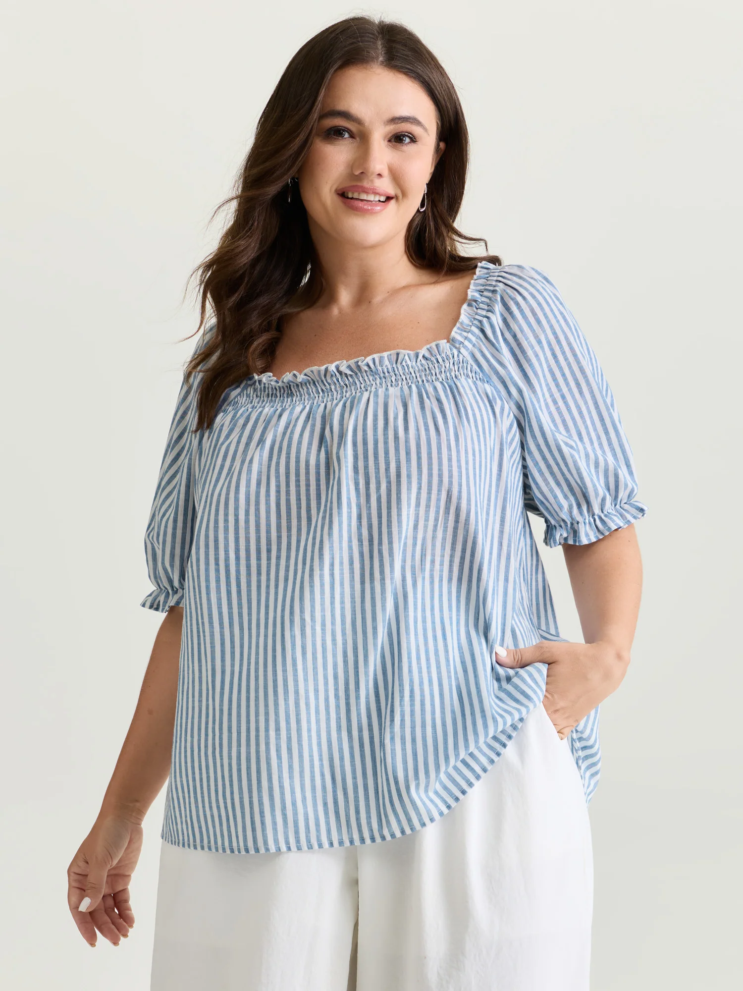 Cotton Striped Shirred Bust-Friendly Neckline Blouse