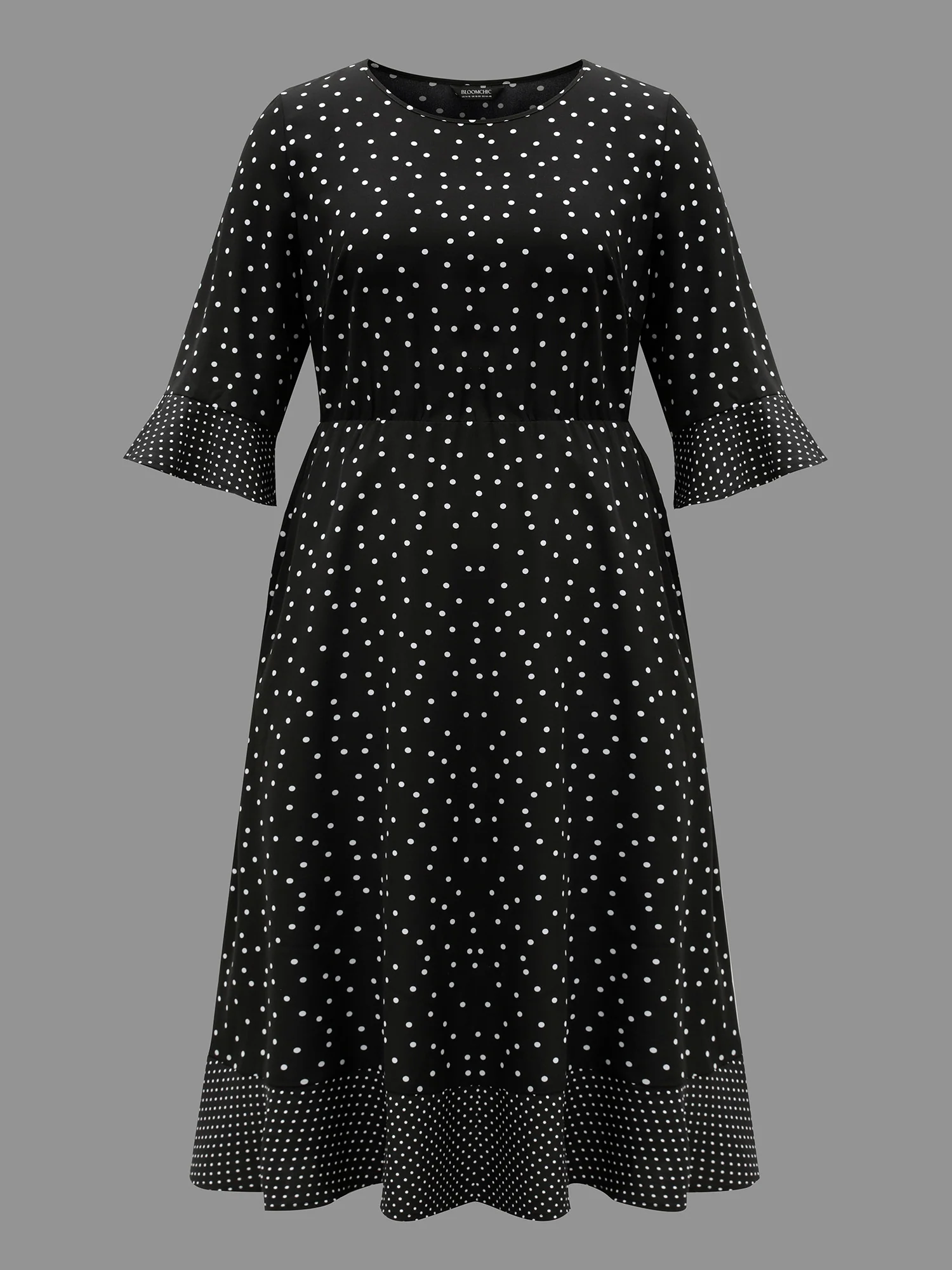 Crew Neck Polka Dot Waist Cinched Dress - Image 8