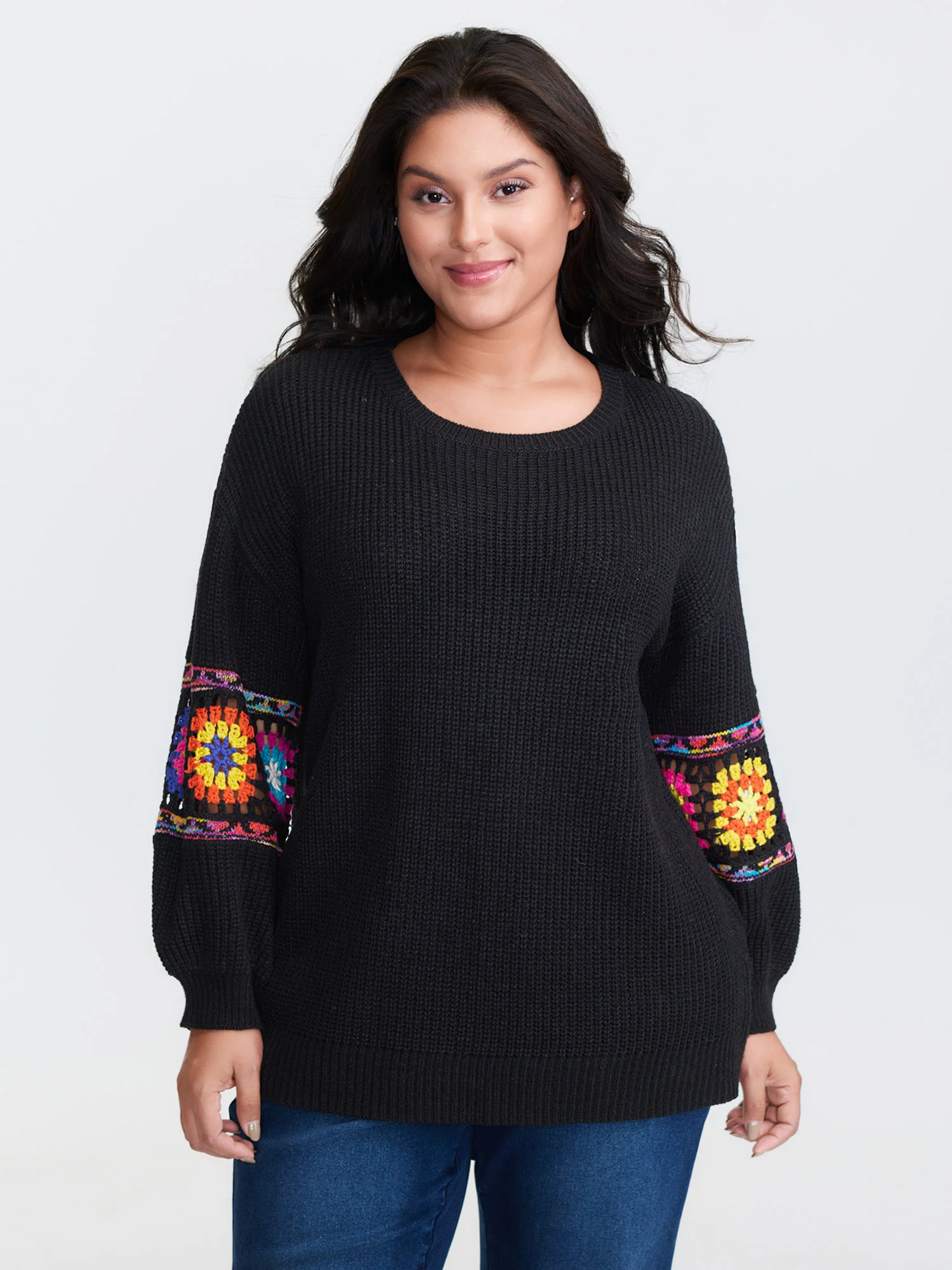 Crochet Floral Sleeve Lace Trim Pullover - Image 2