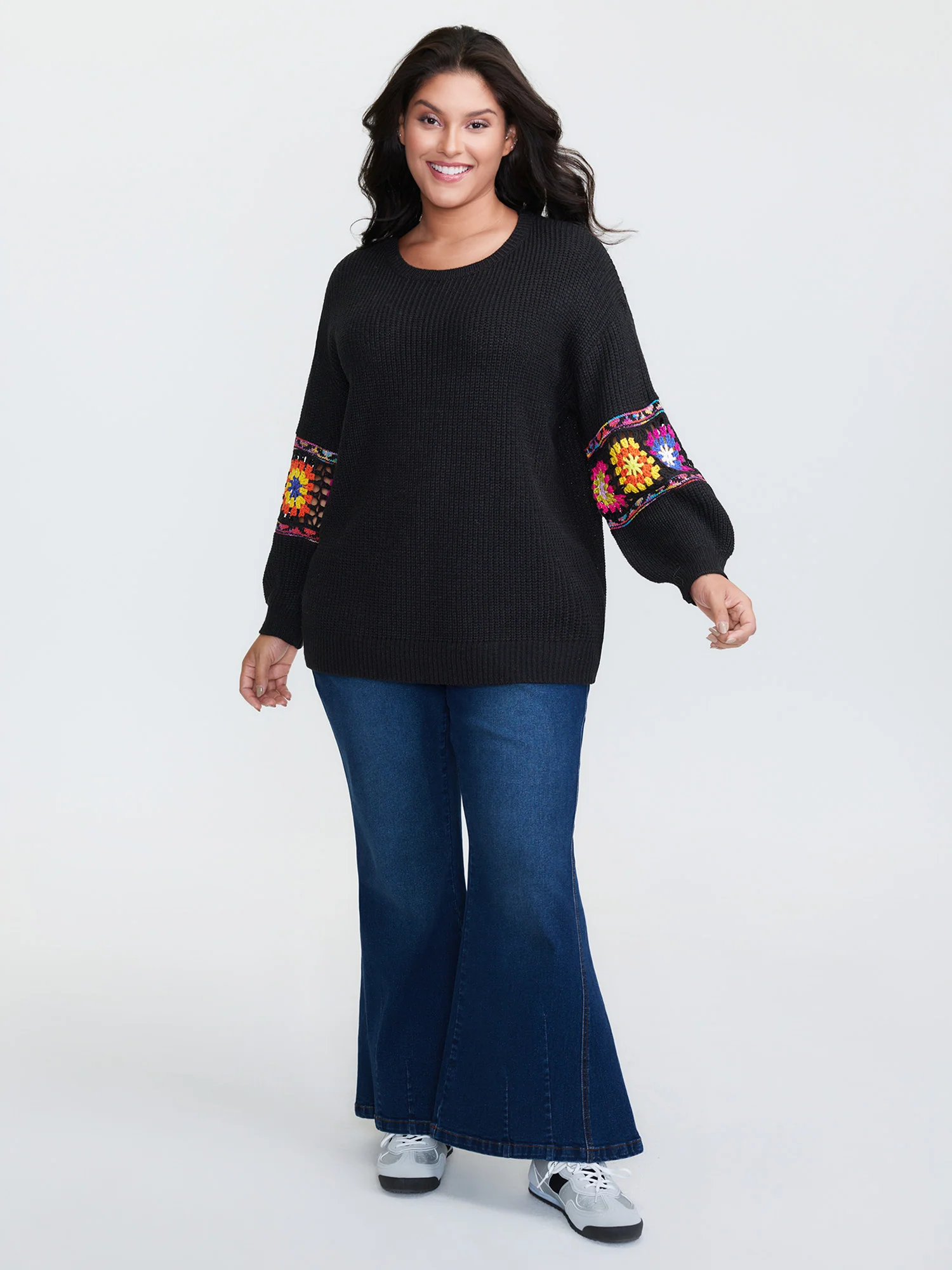 Crochet Floral Sleeve Lace Trim Pullover - Image 3