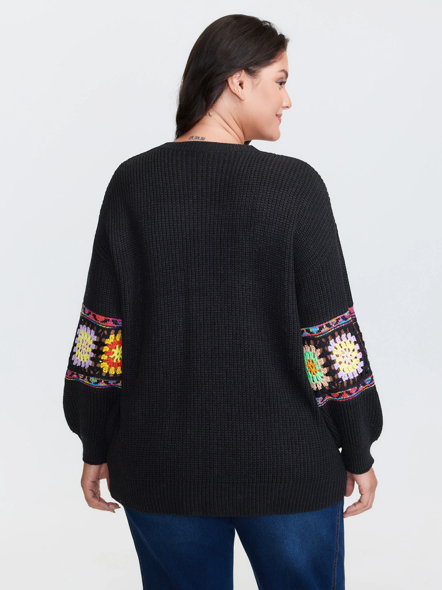 Crochet Floral Sleeve Lace Trim Pullover - Image 4