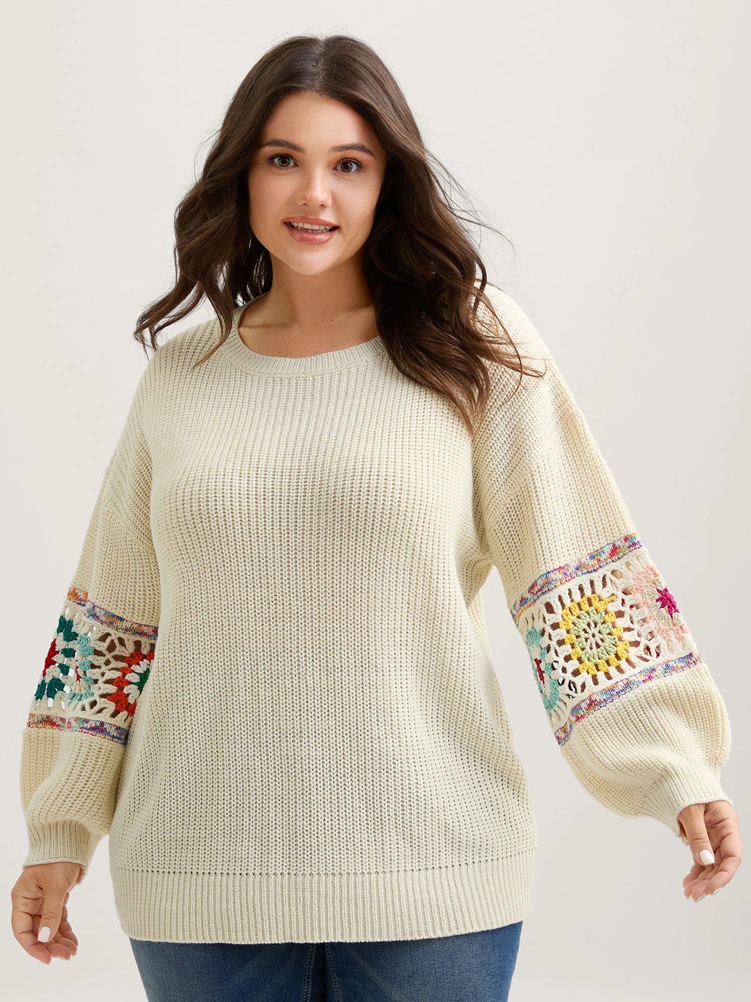 Crochet Floral Sleeve Lace Trim Pullover - Image 7