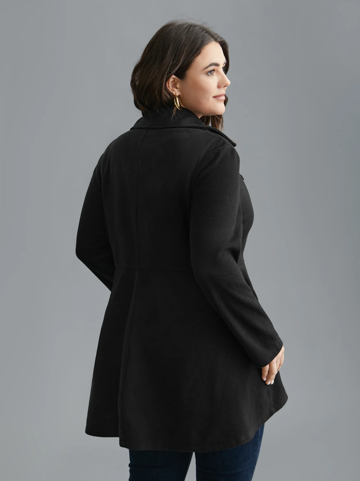 Curved Hem Zipper Placket Pockets Coat - Image 4