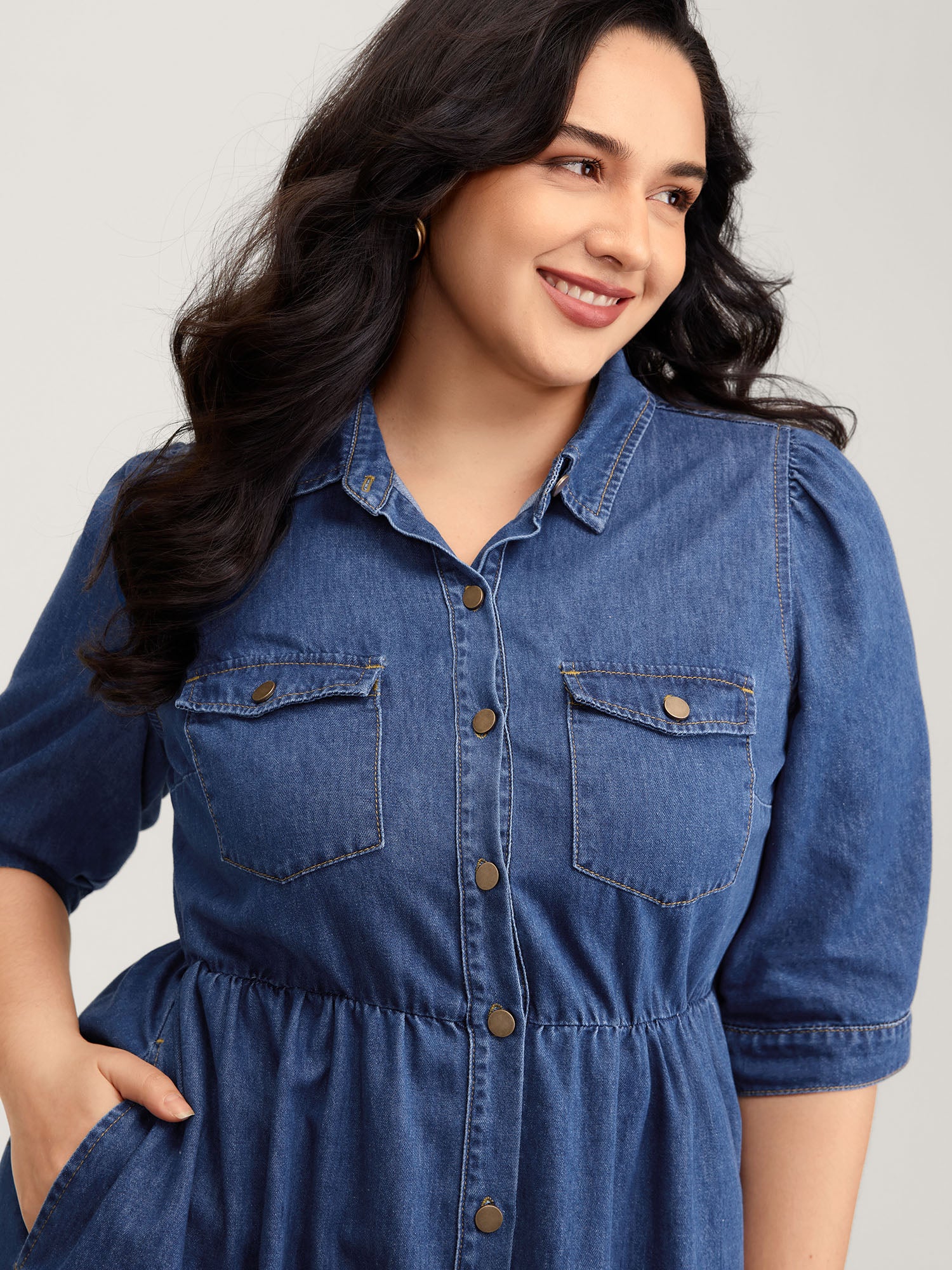 Denim Ruffled Hem Pockets Shirt Dress - Image 2
