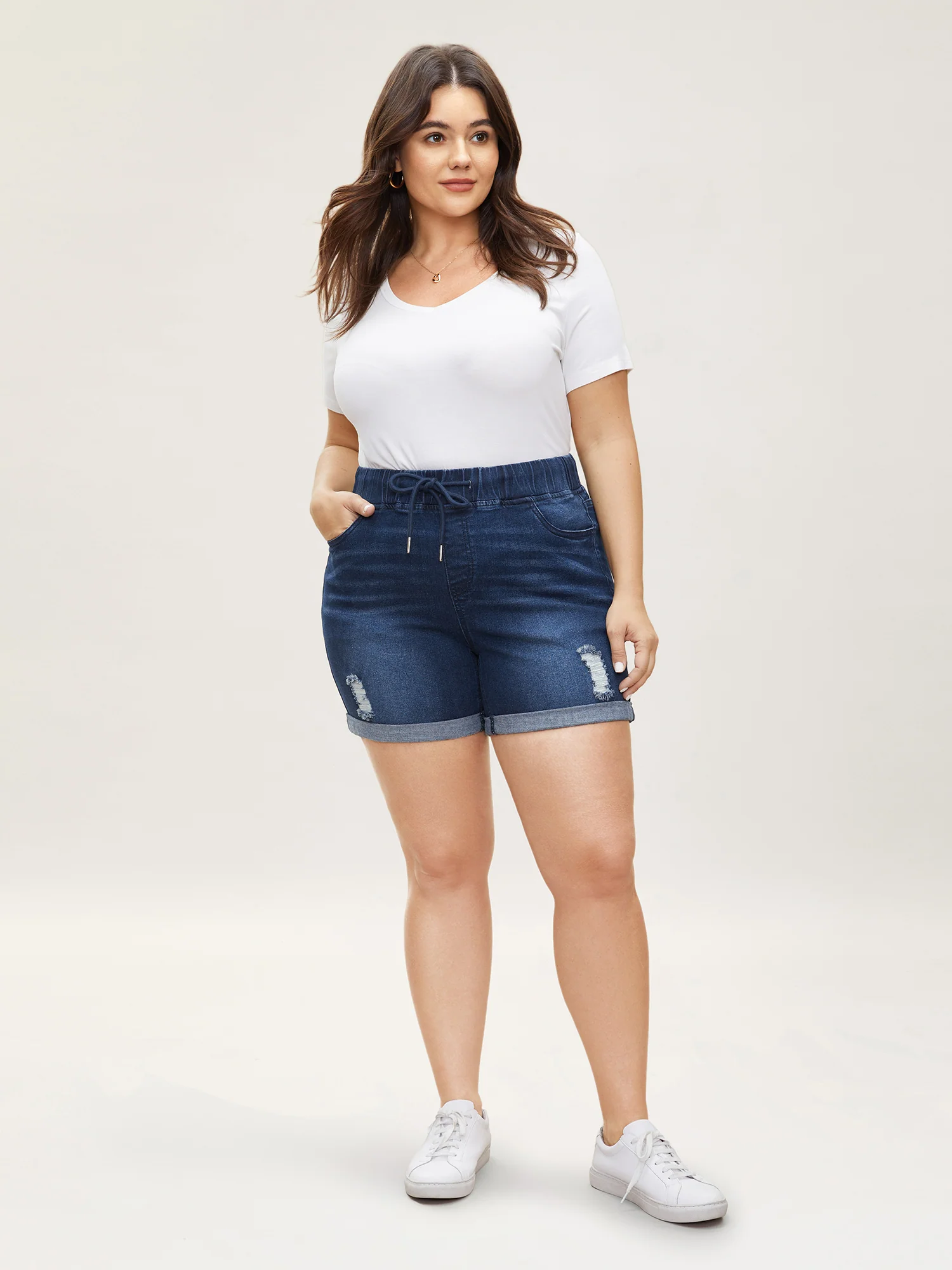 Pull-On Drawstring Elastic Waist Denim Shorts - Image 3
