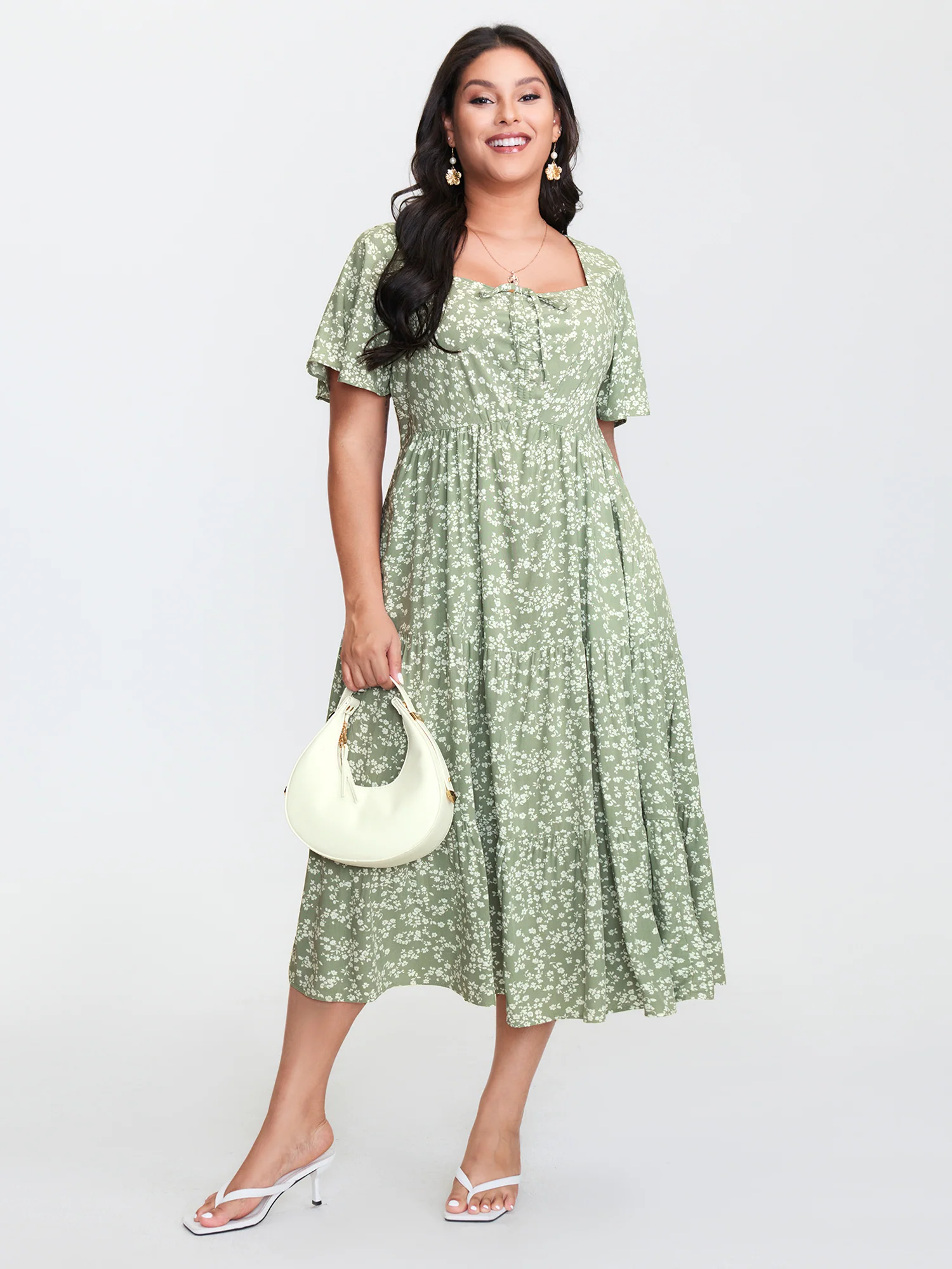 Ditsy Floral Sweetheart Drawstring Pocket Tiered Dress - Image 11