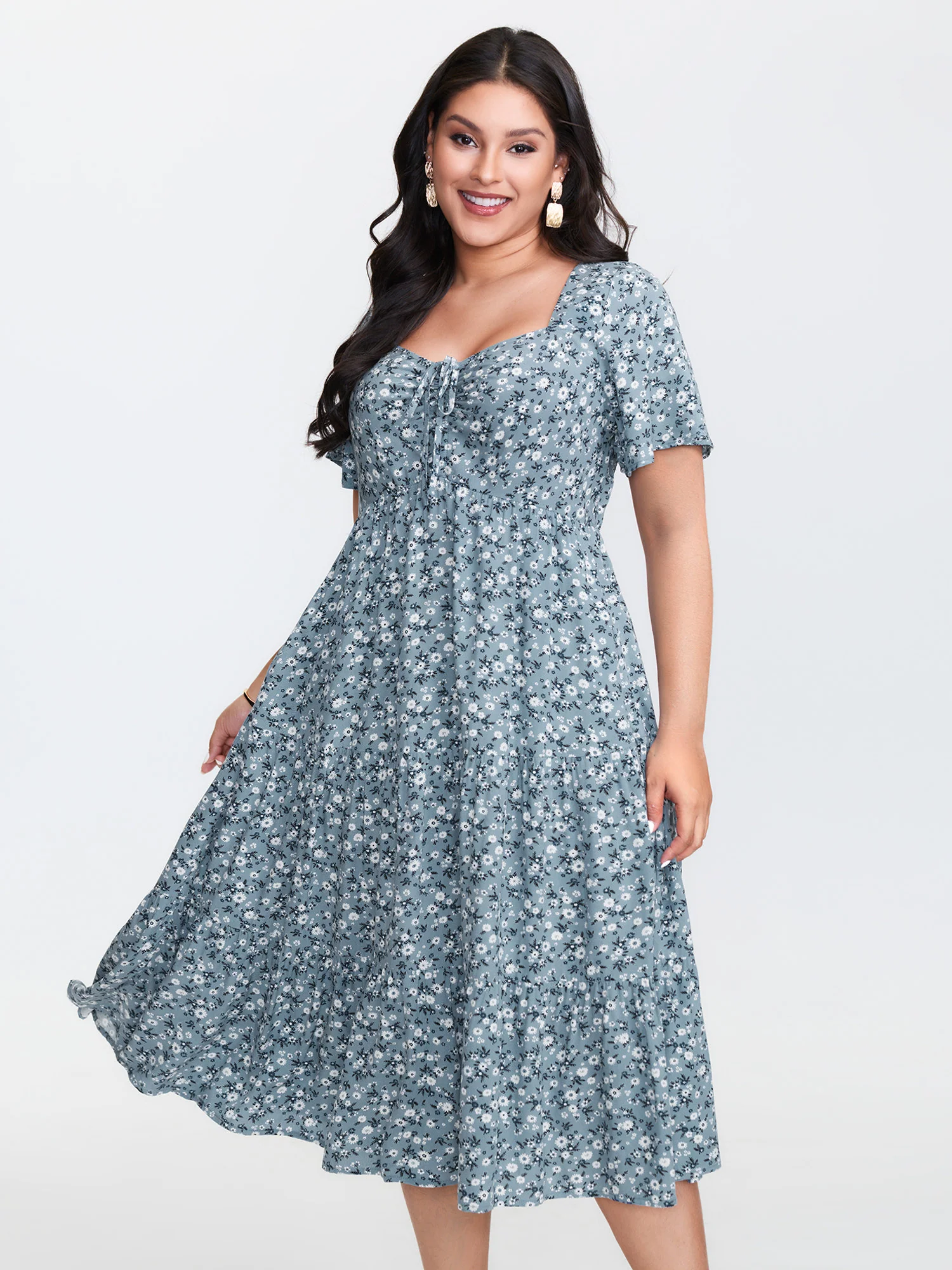 Ditsy Floral Sweetheart Drawstring Pocket Tiered Dress - Image 5