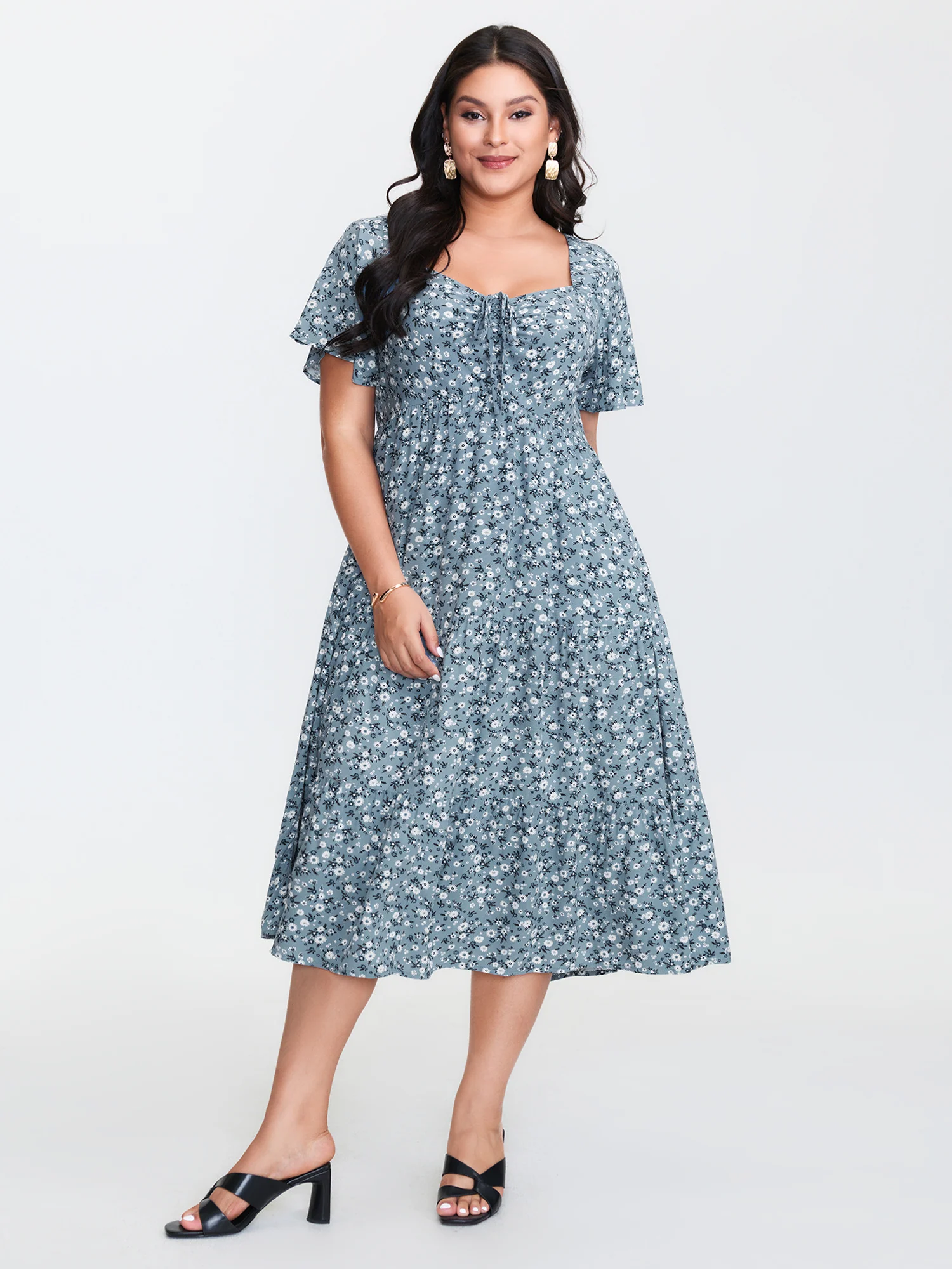 Ditsy Floral Sweetheart Drawstring Pocket Tiered Dress - Image 7