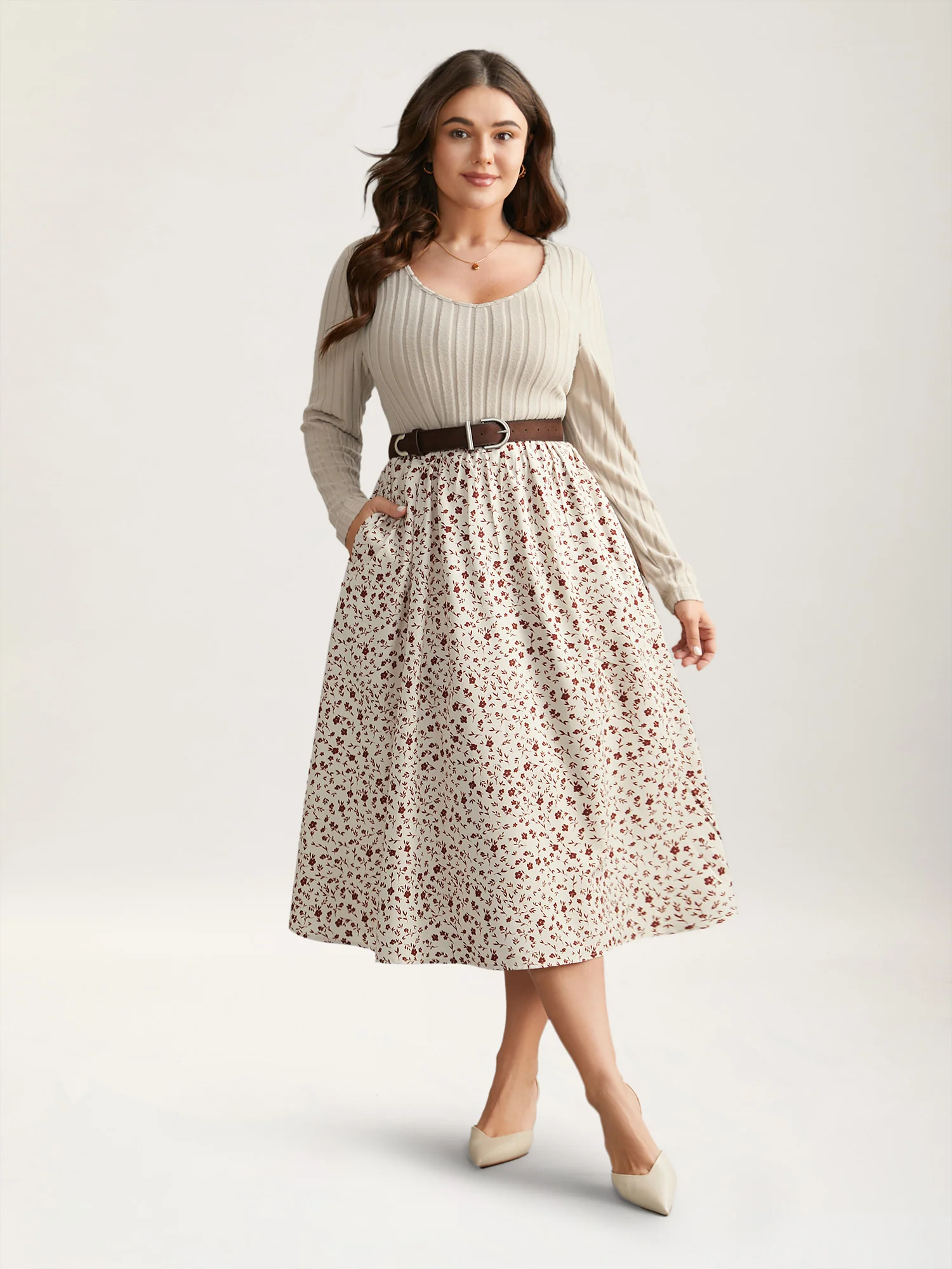 Ditsy Floral Patchwork Texture Midi Dress - Image 3