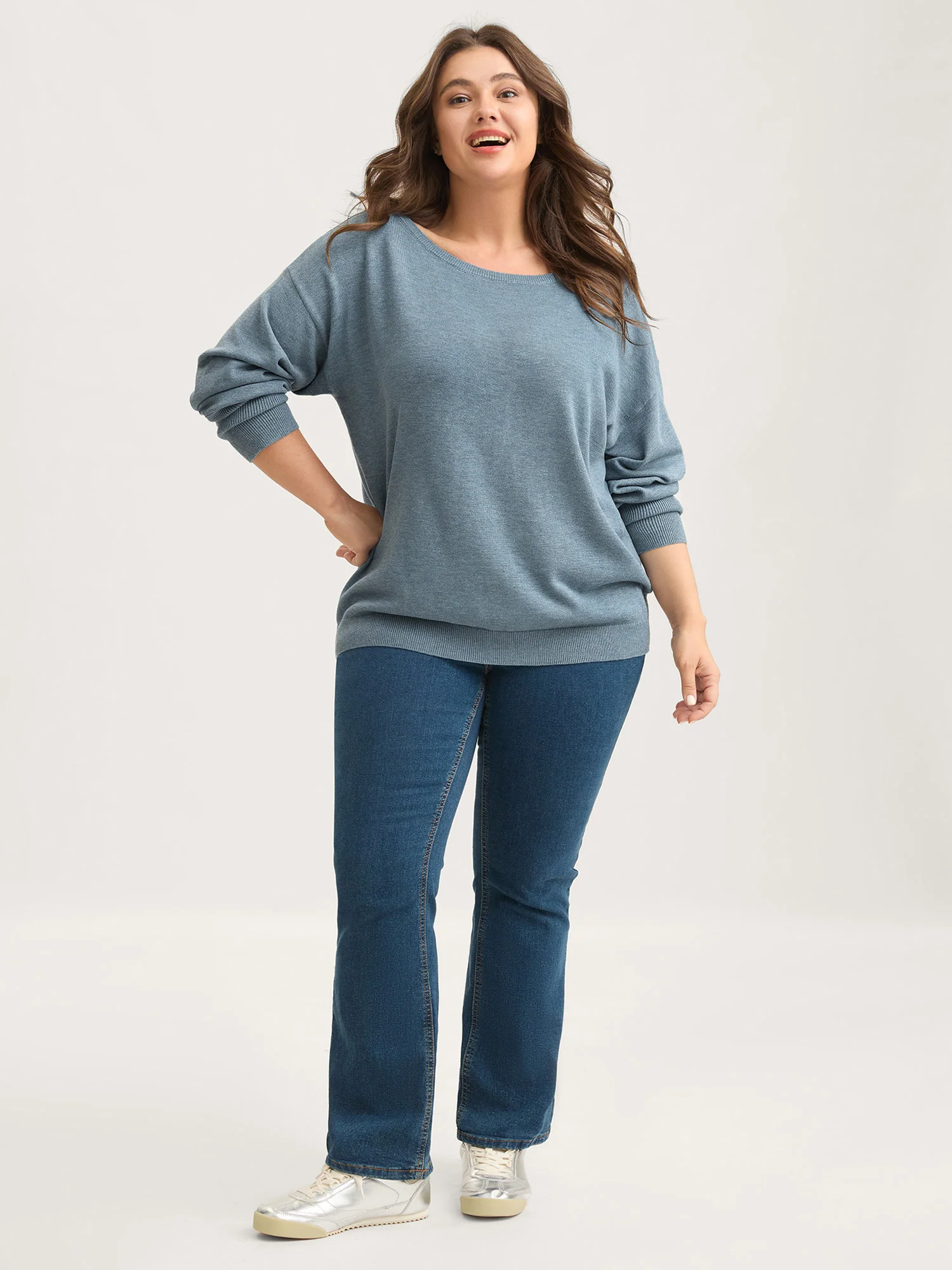 Drop Shoulder Solid Ribbed Pullover - Image 3