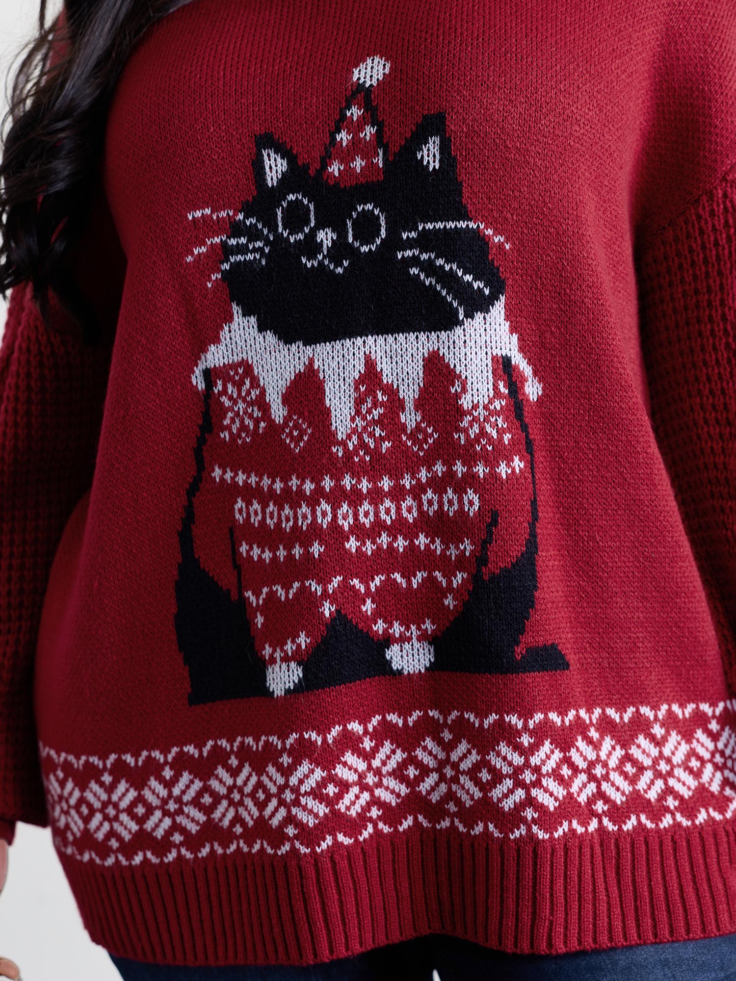 Festive Cat Micro Lantern Sleeve Pullover - Image 4