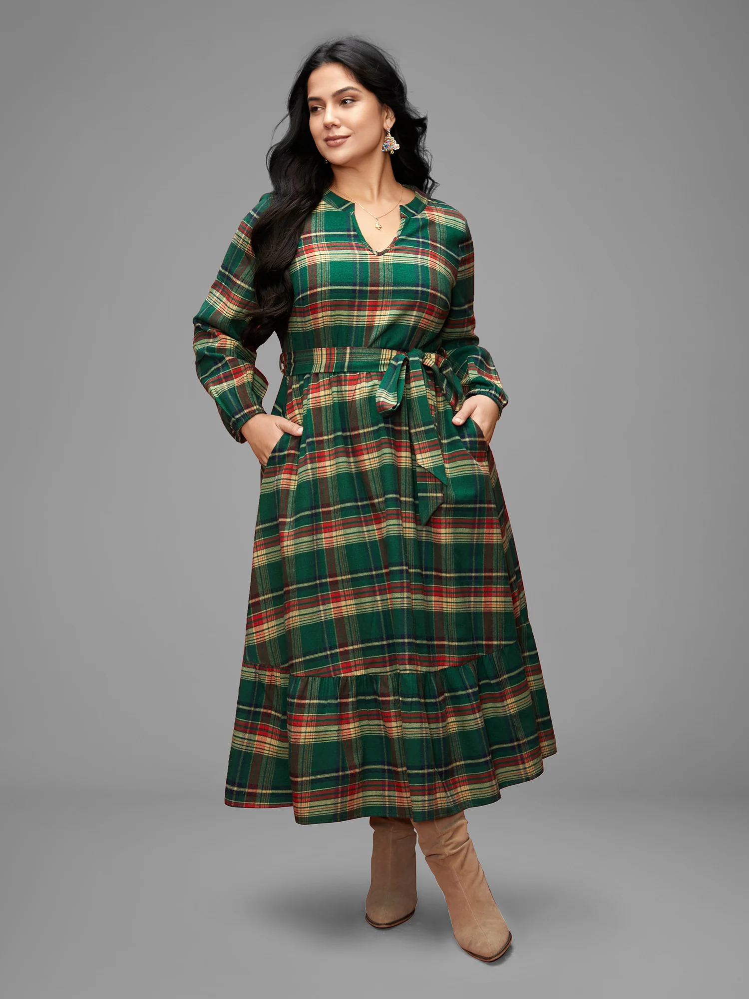 Festive Notched Collar Plaid Dress - Image 4
