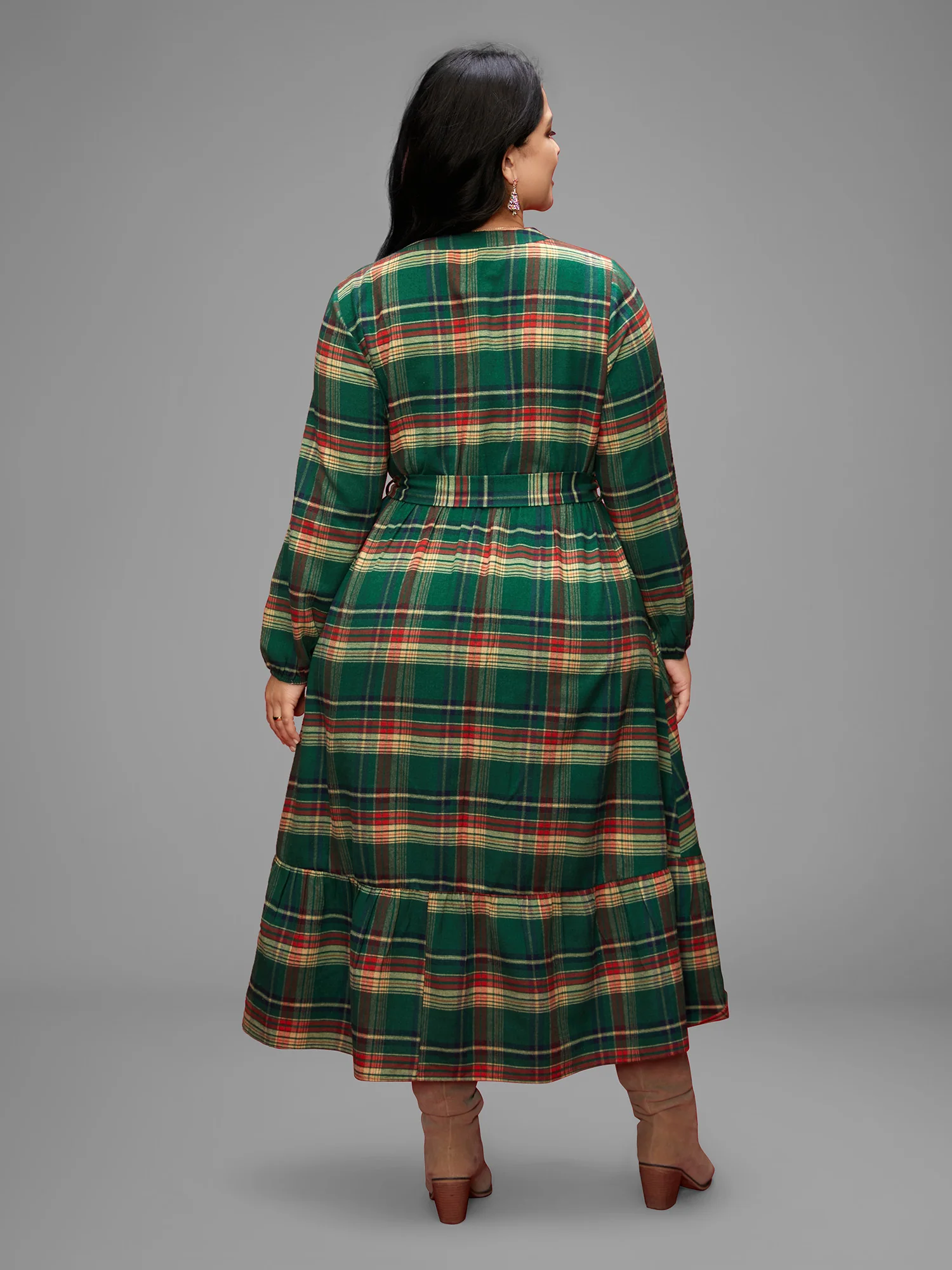 Festive Notched Collar Plaid Dress - Image 5