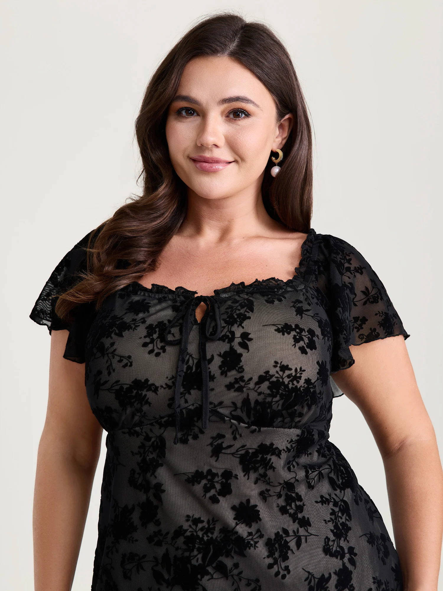 Flocked Floral Drawstring Neckline Knit Top - Image 2