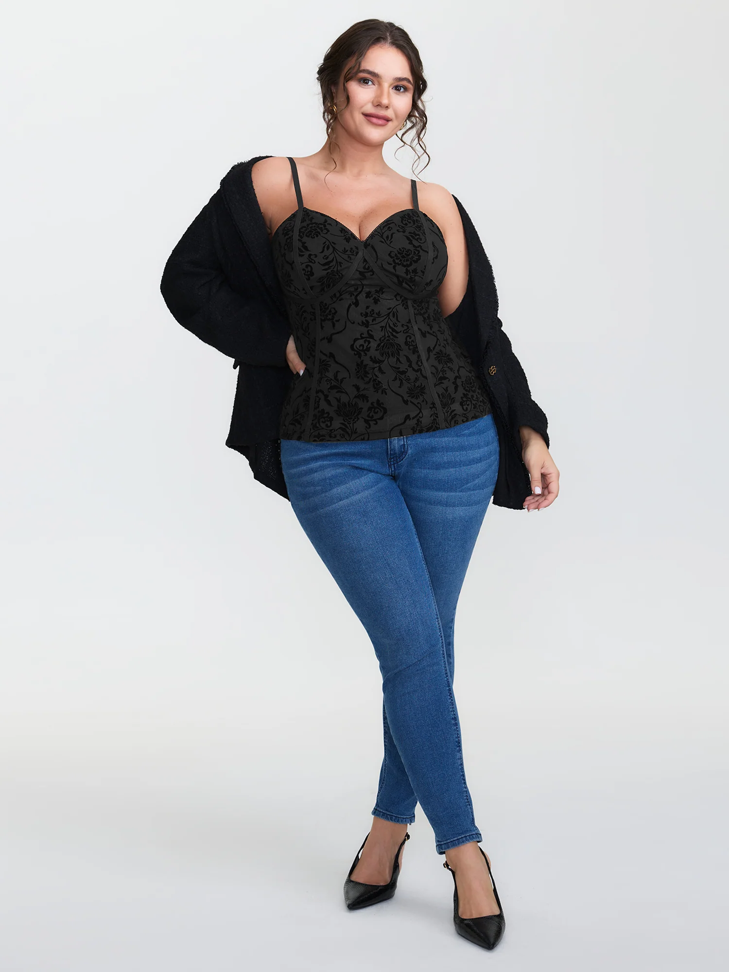 Flocked Floral Stretchy Mesh Lace Tank Top - Image 2