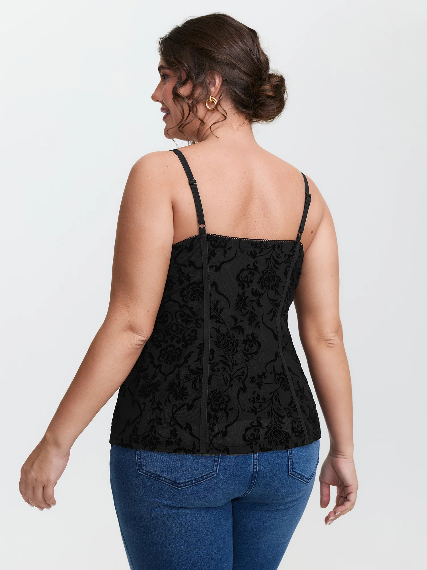 Flocked Floral Stretchy Mesh Lace Tank Top - Image 5