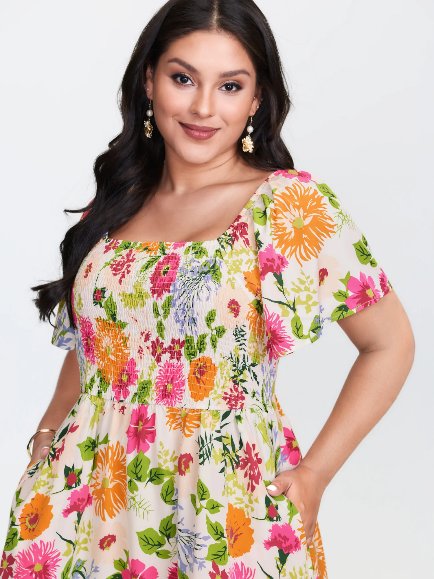 Floral Shirred Square Neck Pocket Midi Dress - Image 6