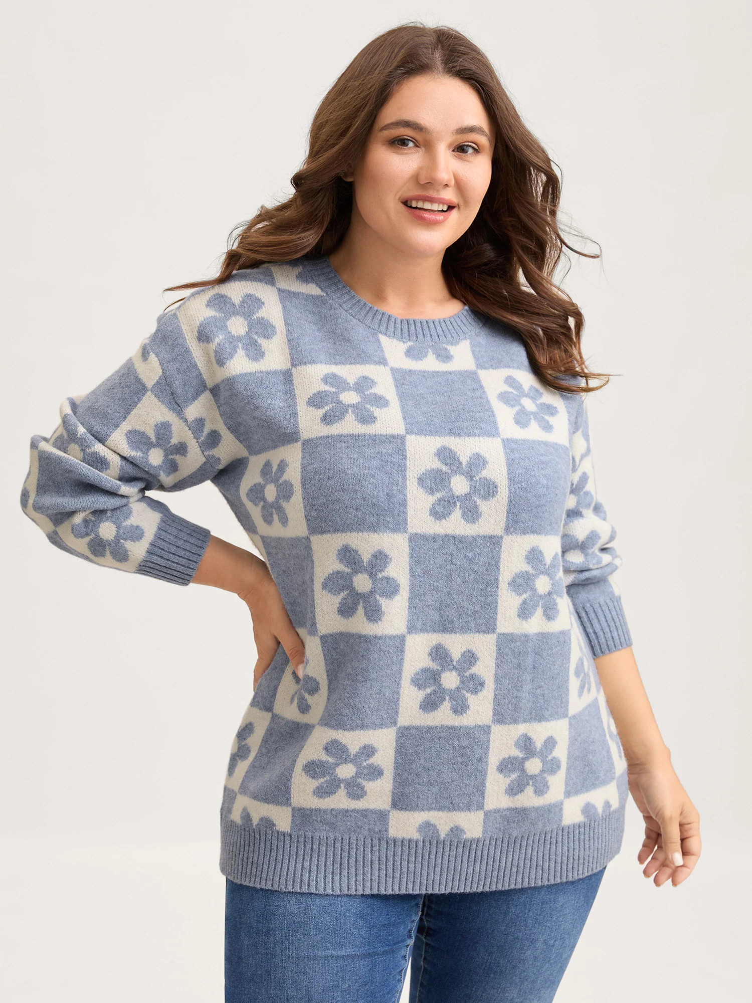 Floral Checkered Color Contrast Pullover - Image 2