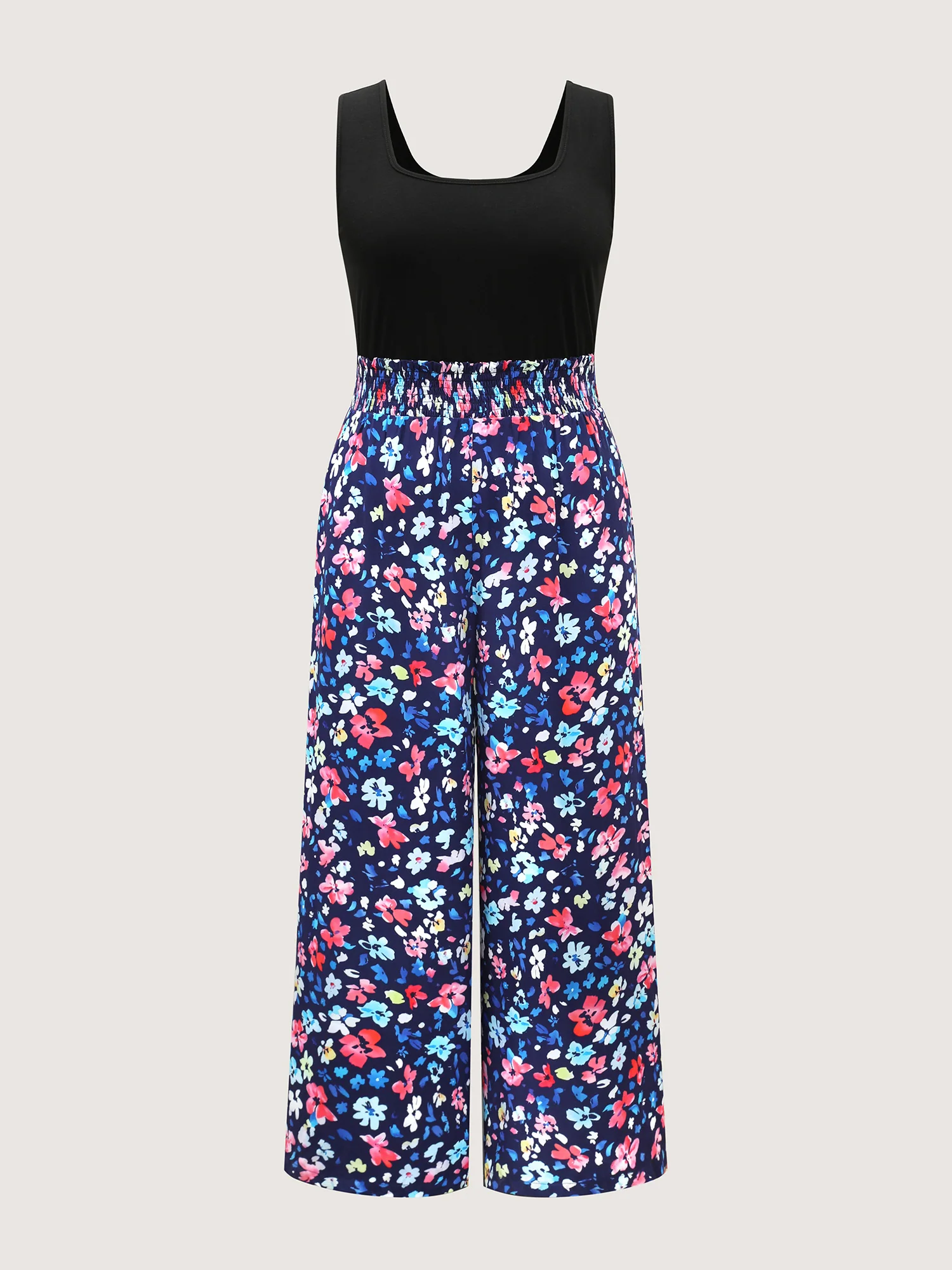 Floral Color Contrast Shirred Jumpsuit - Image 7