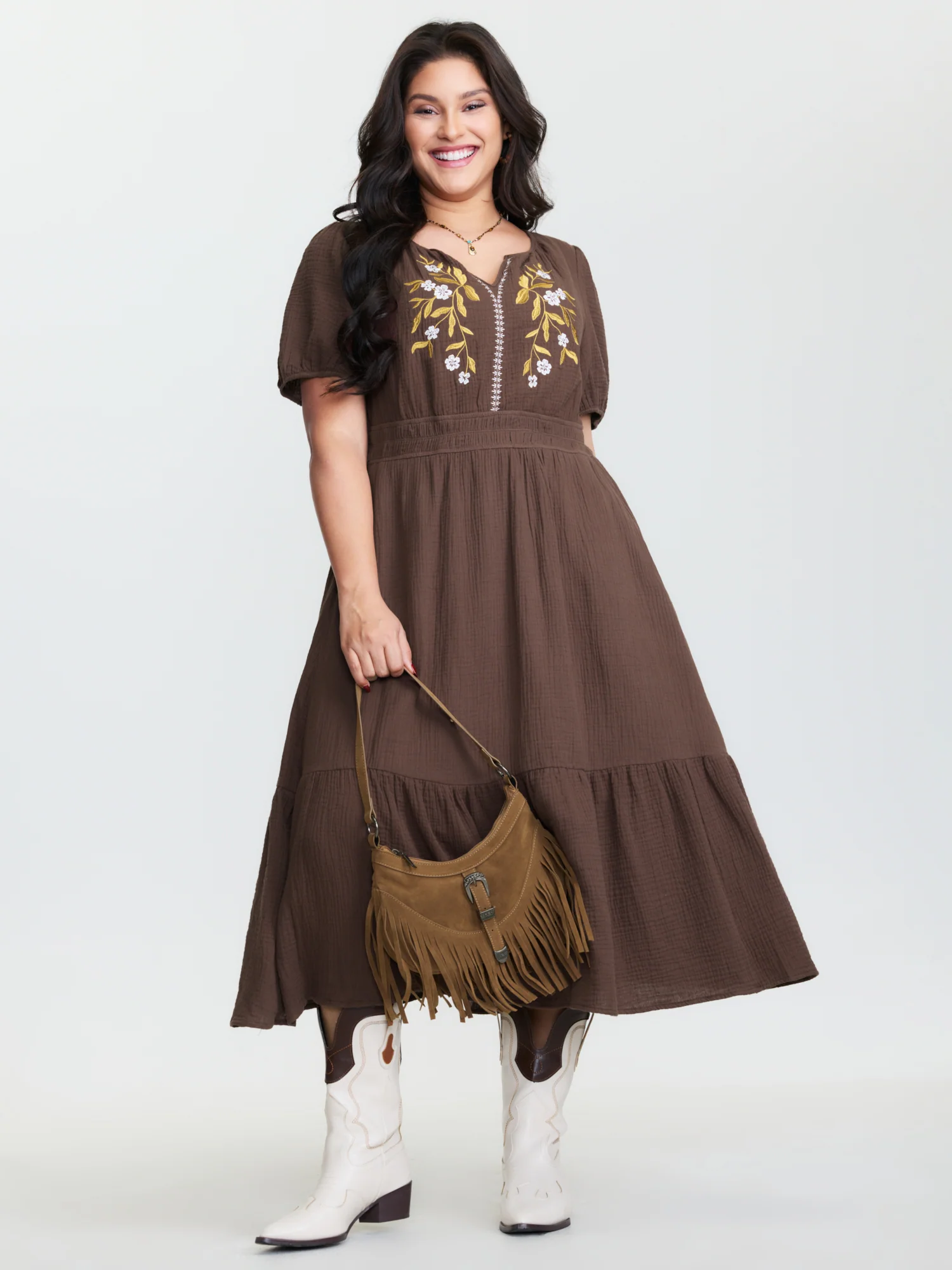 Cotton Floral Embroidered Shirred Waist Midi Dress