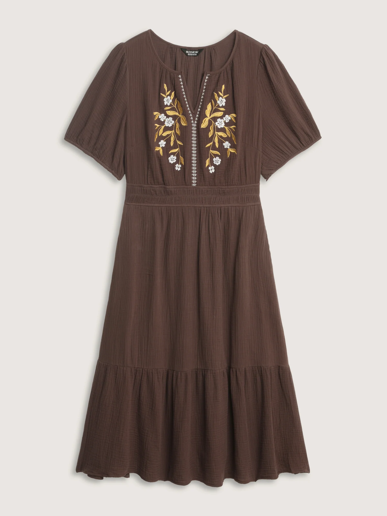 Cotton Floral Embroidered Shirred Waist Midi Dress - Image 8