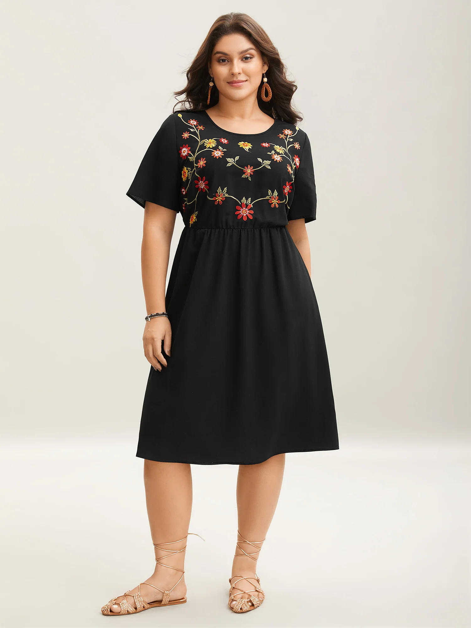 Floral Embroidered Waist-Cinched Midi Dress - Image 3
