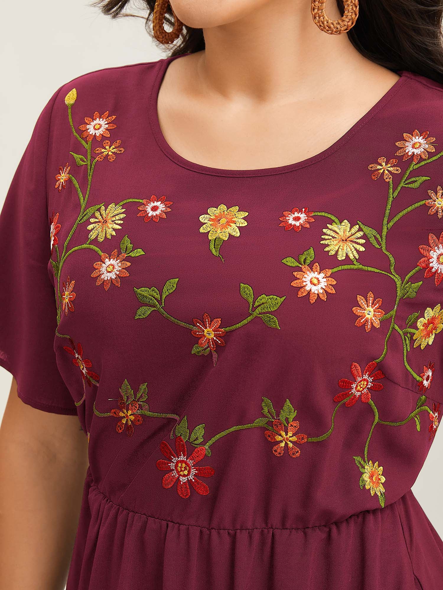 Floral Embroidered Waist-Cinched Midi Dress - Image 9