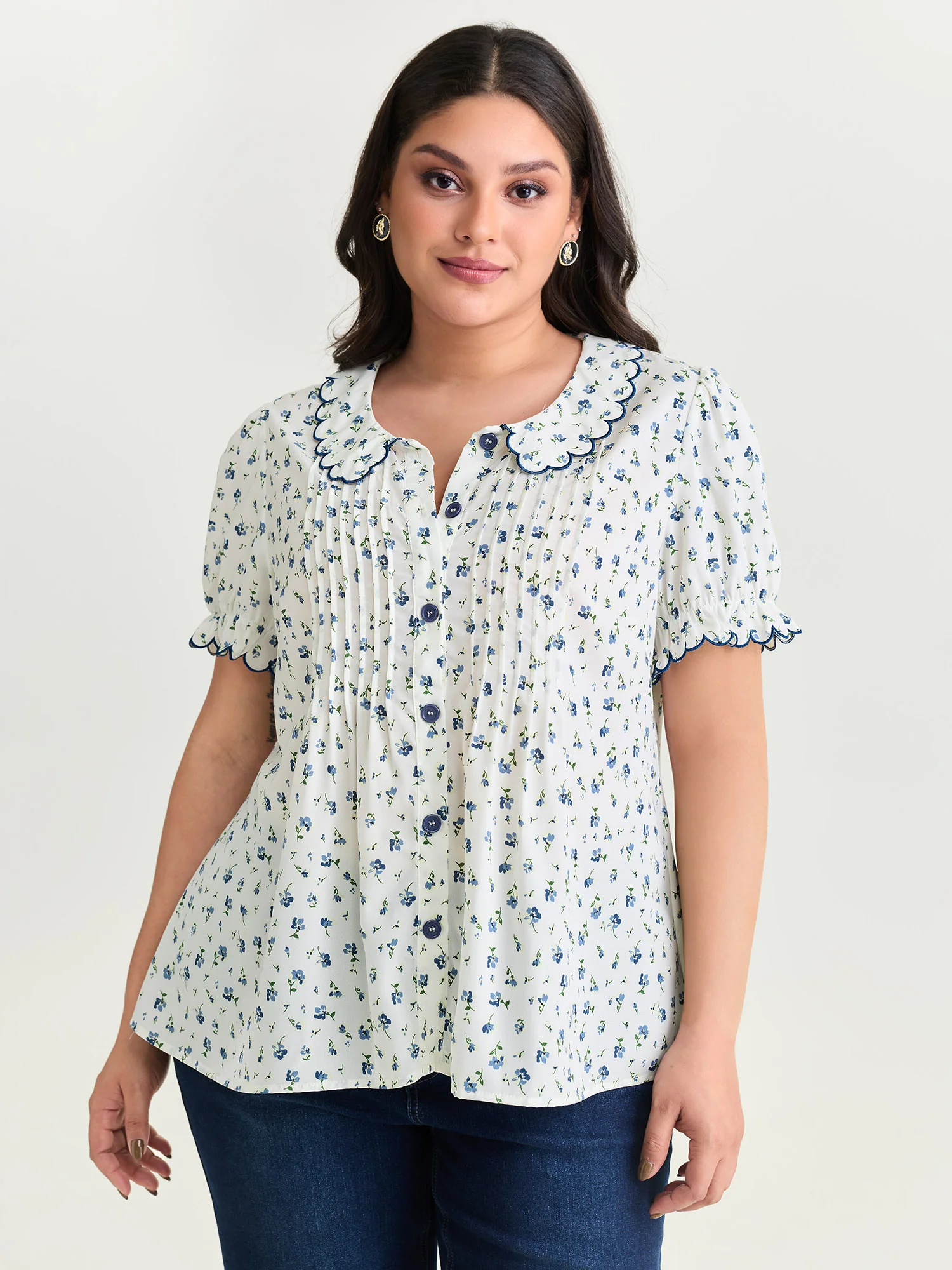 Floral Embroidery Pleated Button-Front Blouse