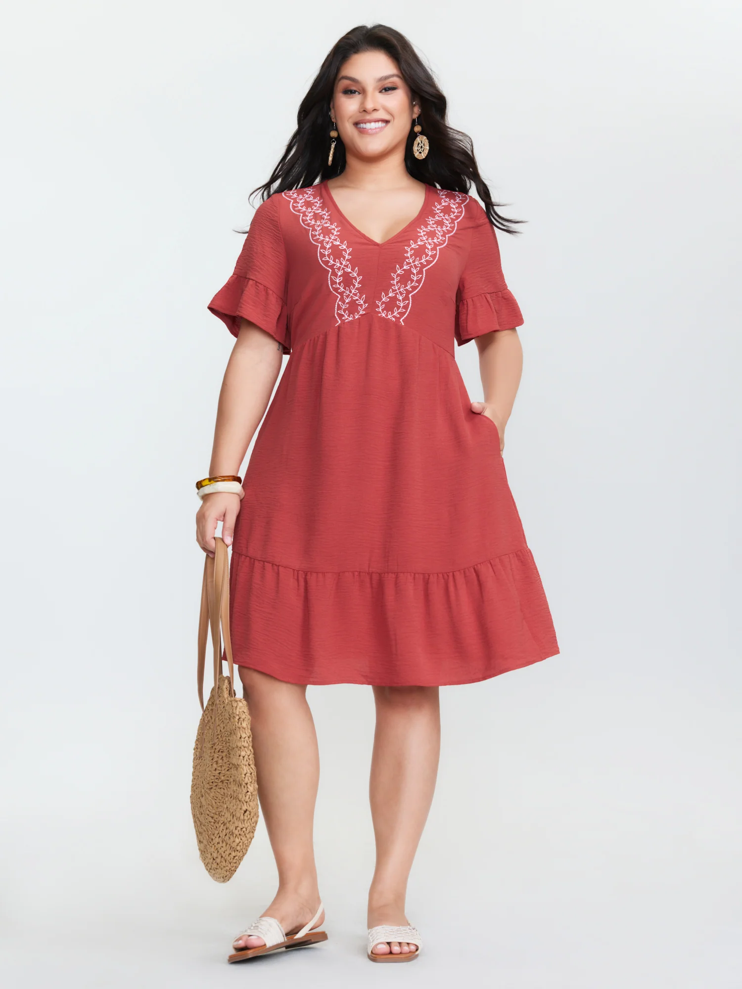 Floral Embroidery V-Neck Tiered Mini Dress - Image 2
