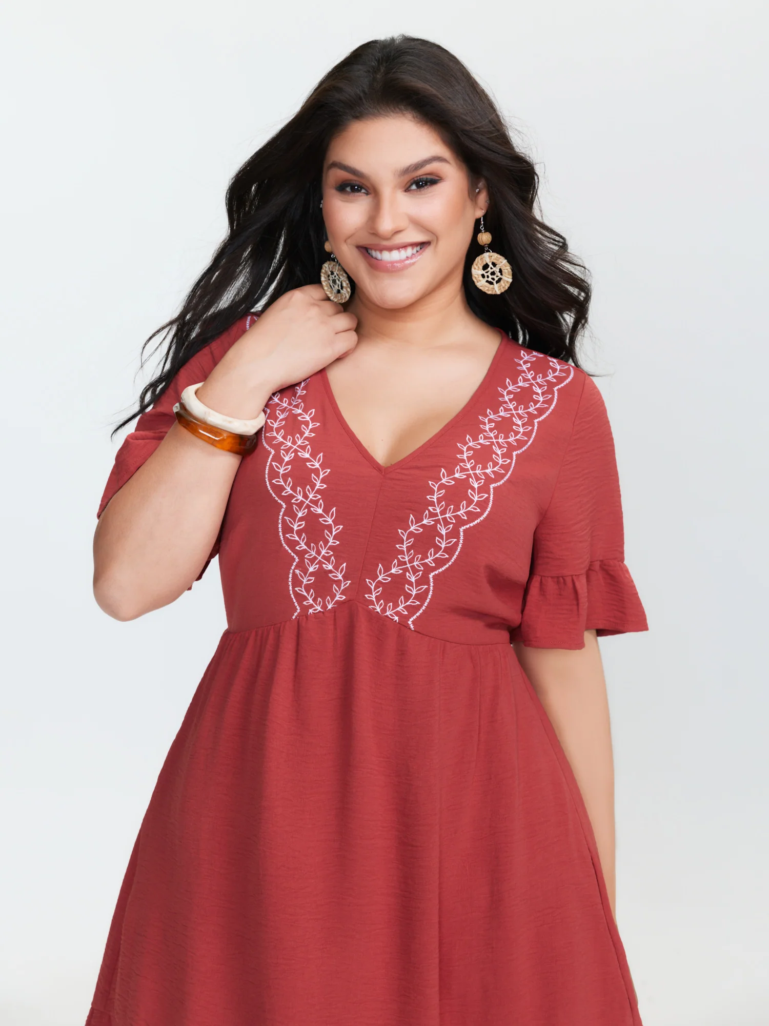 Floral Embroidery V-Neck Tiered Mini Dress - Image 3
