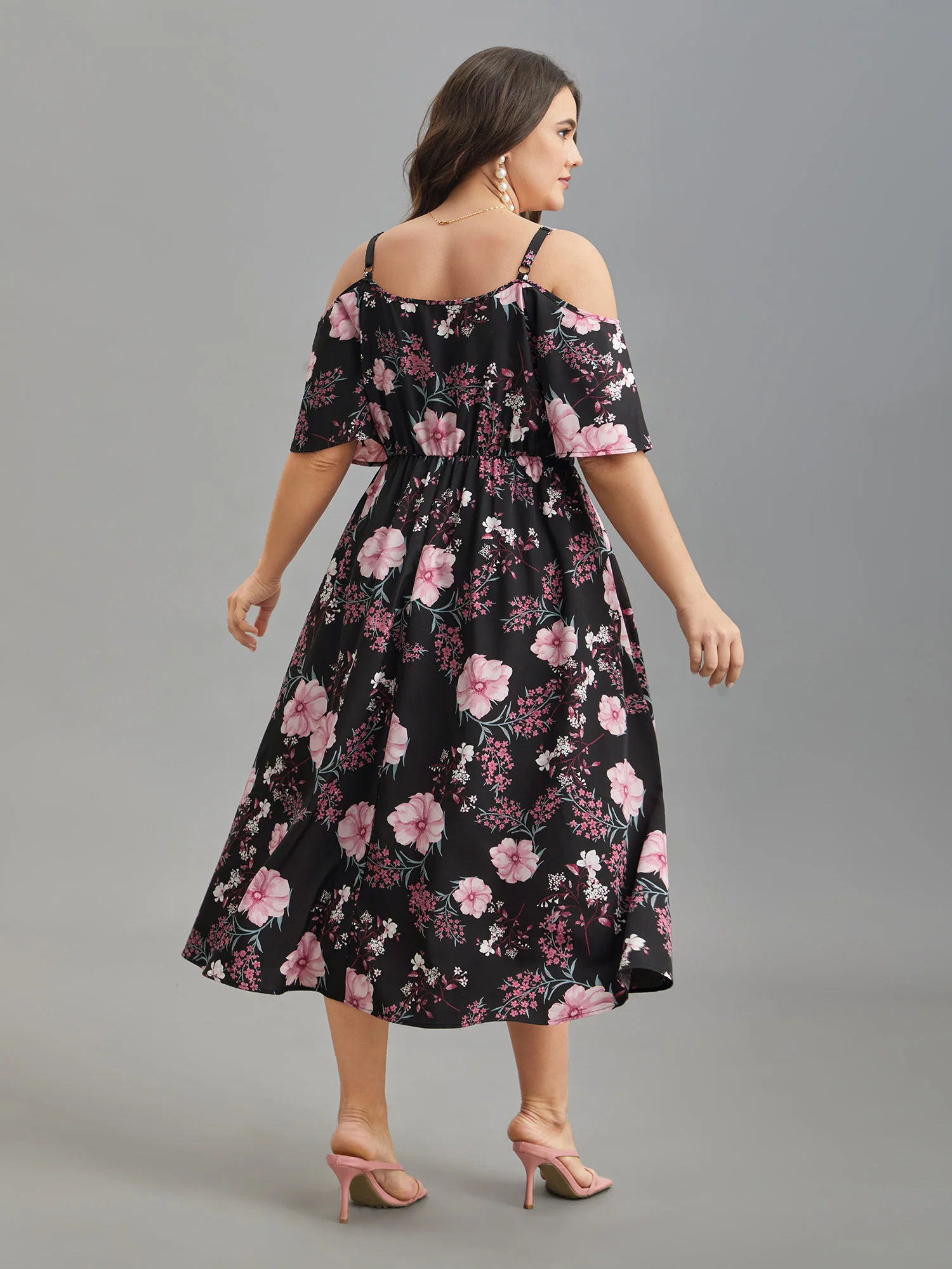 Floral Print Cold-Shoulder Pockets Midi Dress - Image 5
