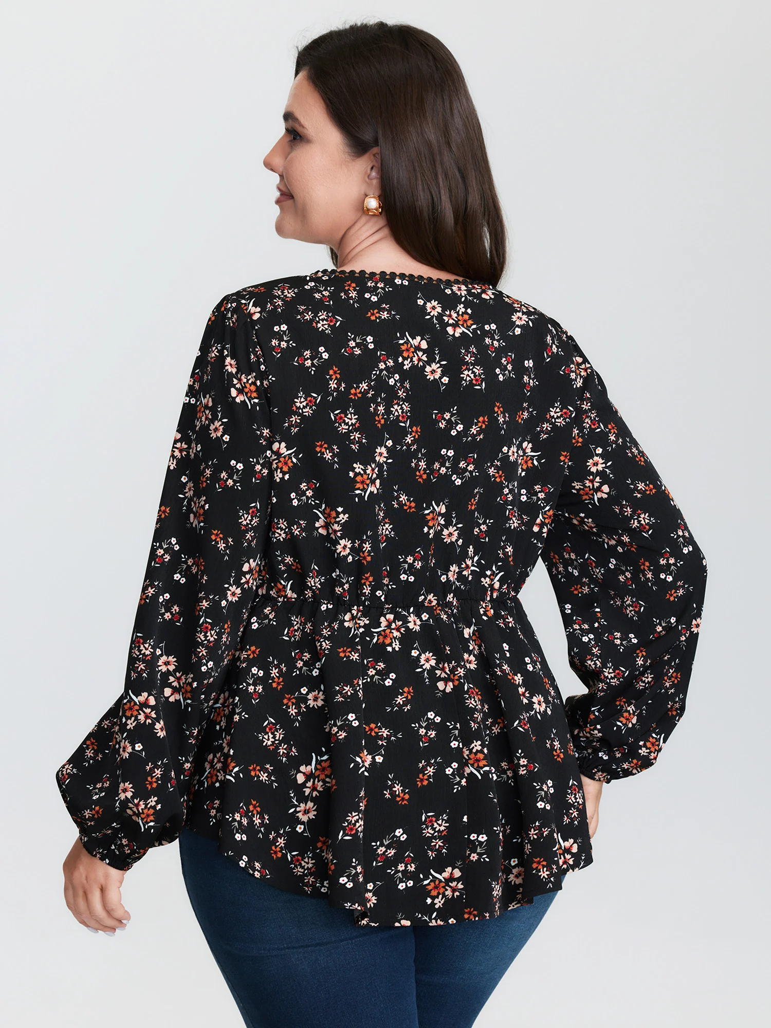 Floral Print Lace Cinched-Flared Blouse - Image 5