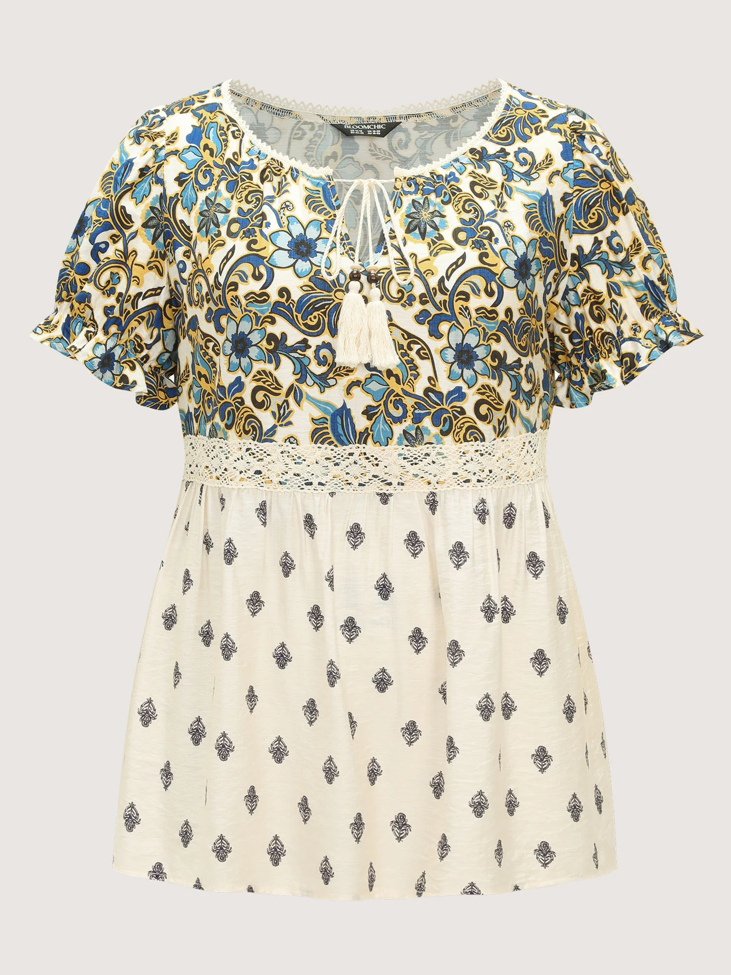 Floral Print Lace Neckline Flowy Blouse - Image 7
