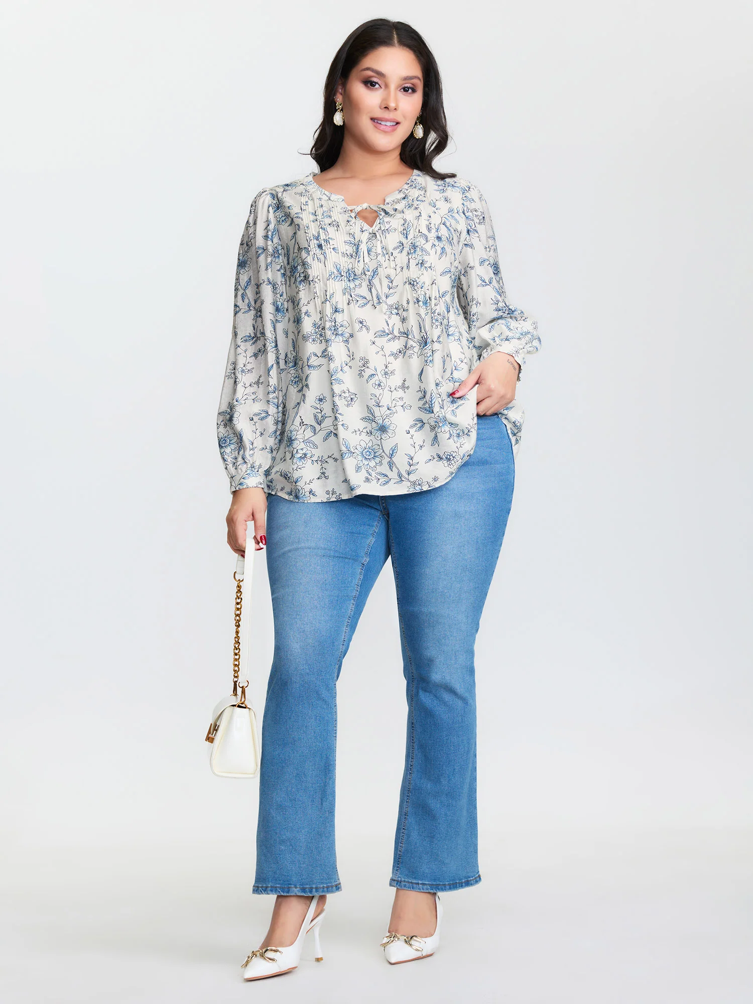 Floral Print Neckline Tie Blouse - Image 2