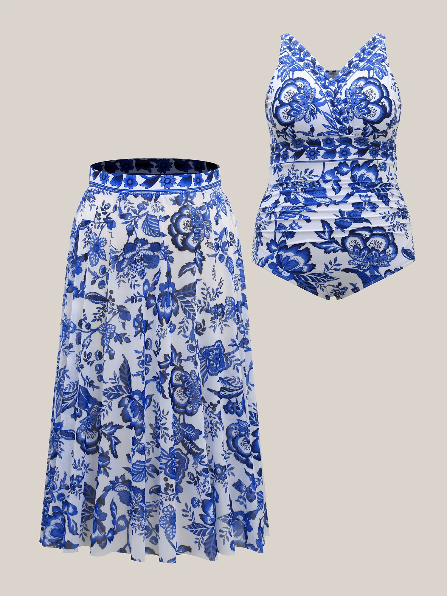 Two-Piece Floral Print Ruched Mesh Swimsuit, Sarong - Image 15