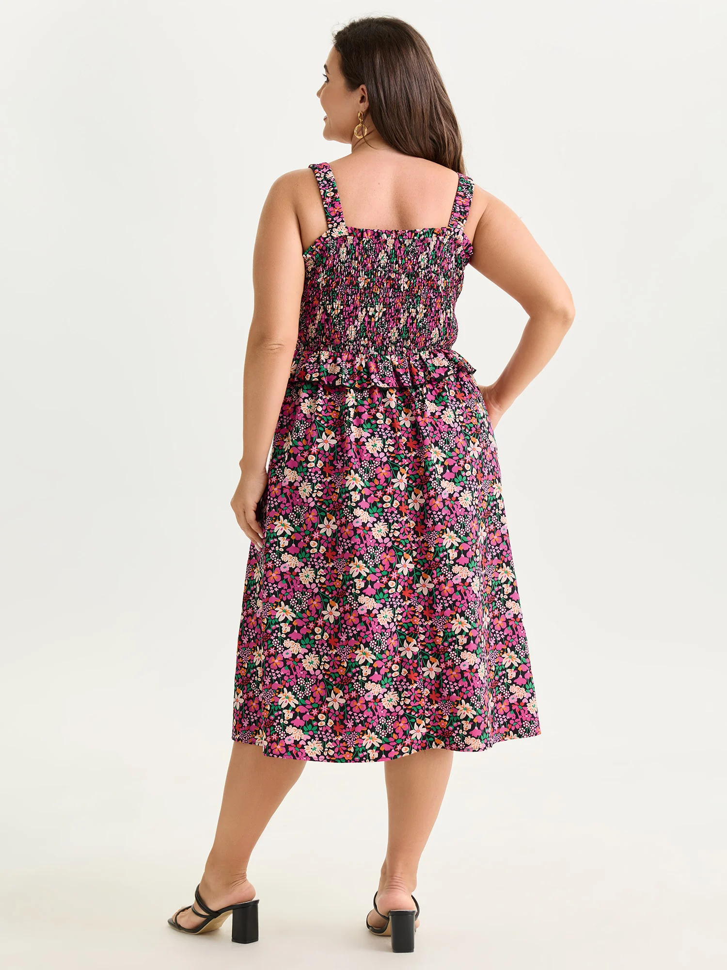 Floral Print Shirred Bodice Layered Midi Dress - Image 4