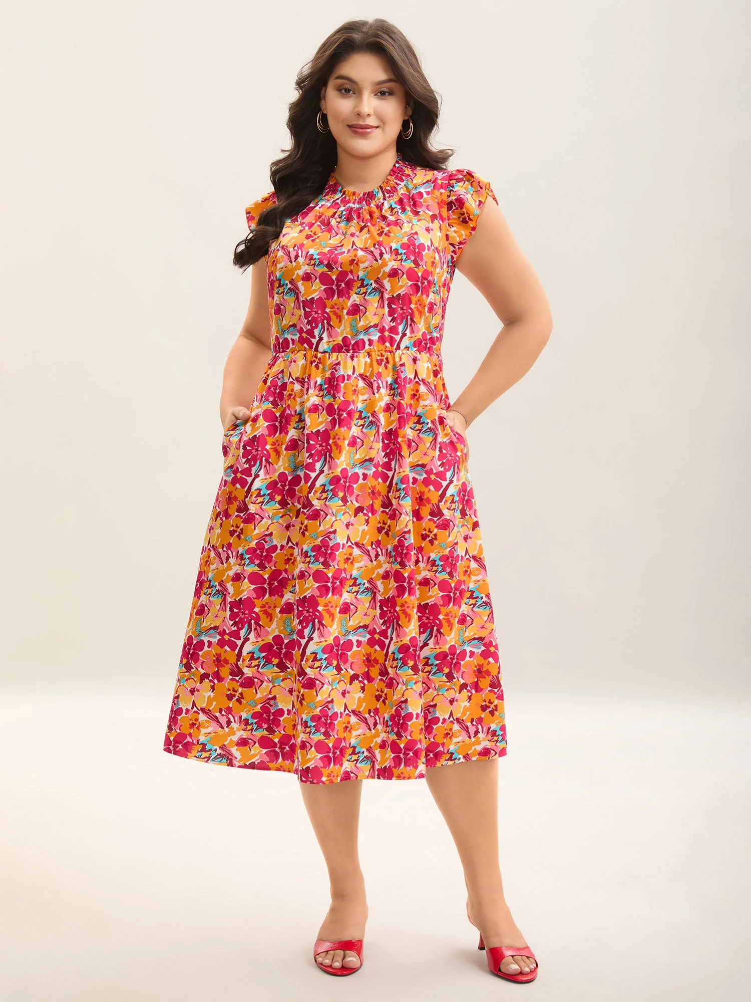 Floral Print Shirred Pockets Midi Dress - Image 10