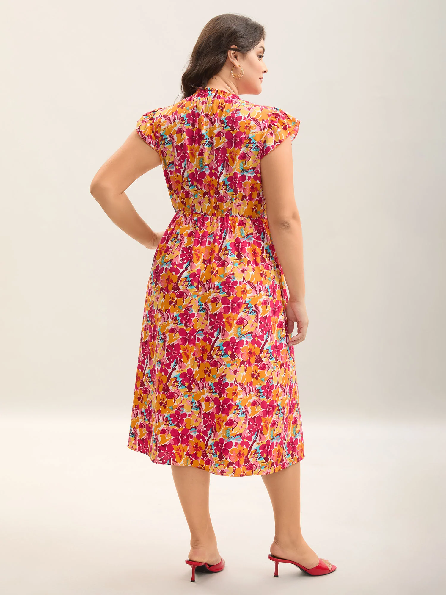 Floral Print Shirred Pockets Midi Dress - Image 11