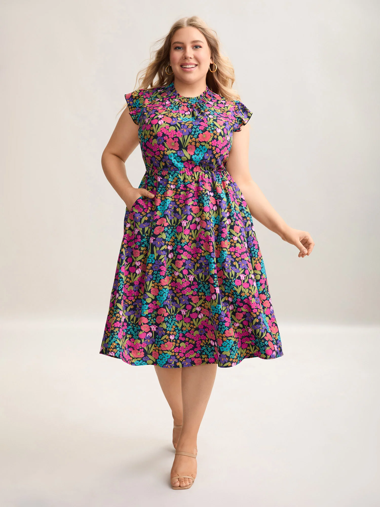 Floral Print Shirred Pockets Midi Dress - Image 3